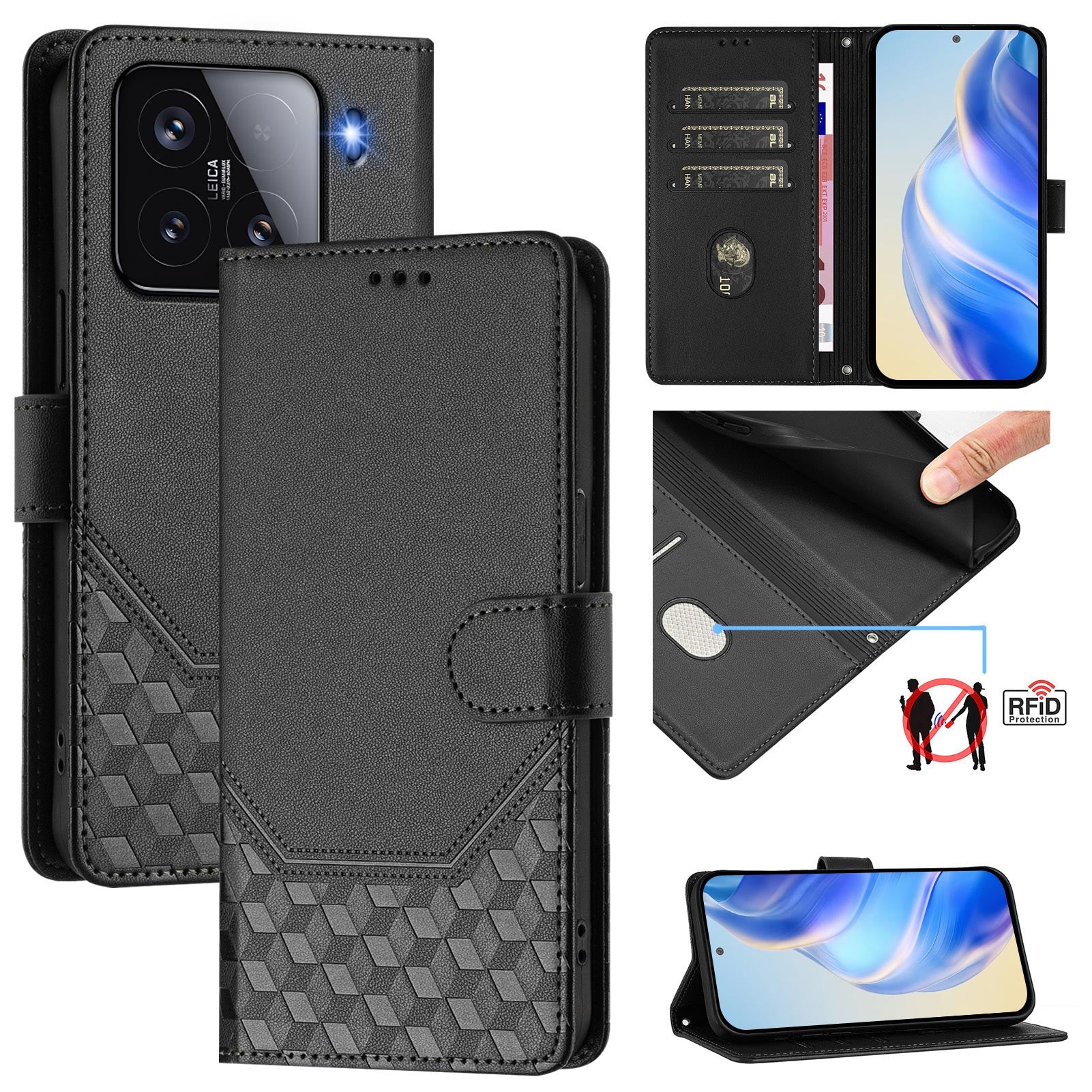 For Xiaomi 15 Case Imprinted Honeycomb RFID Blocking Leather Phone Cover with Strap - Black