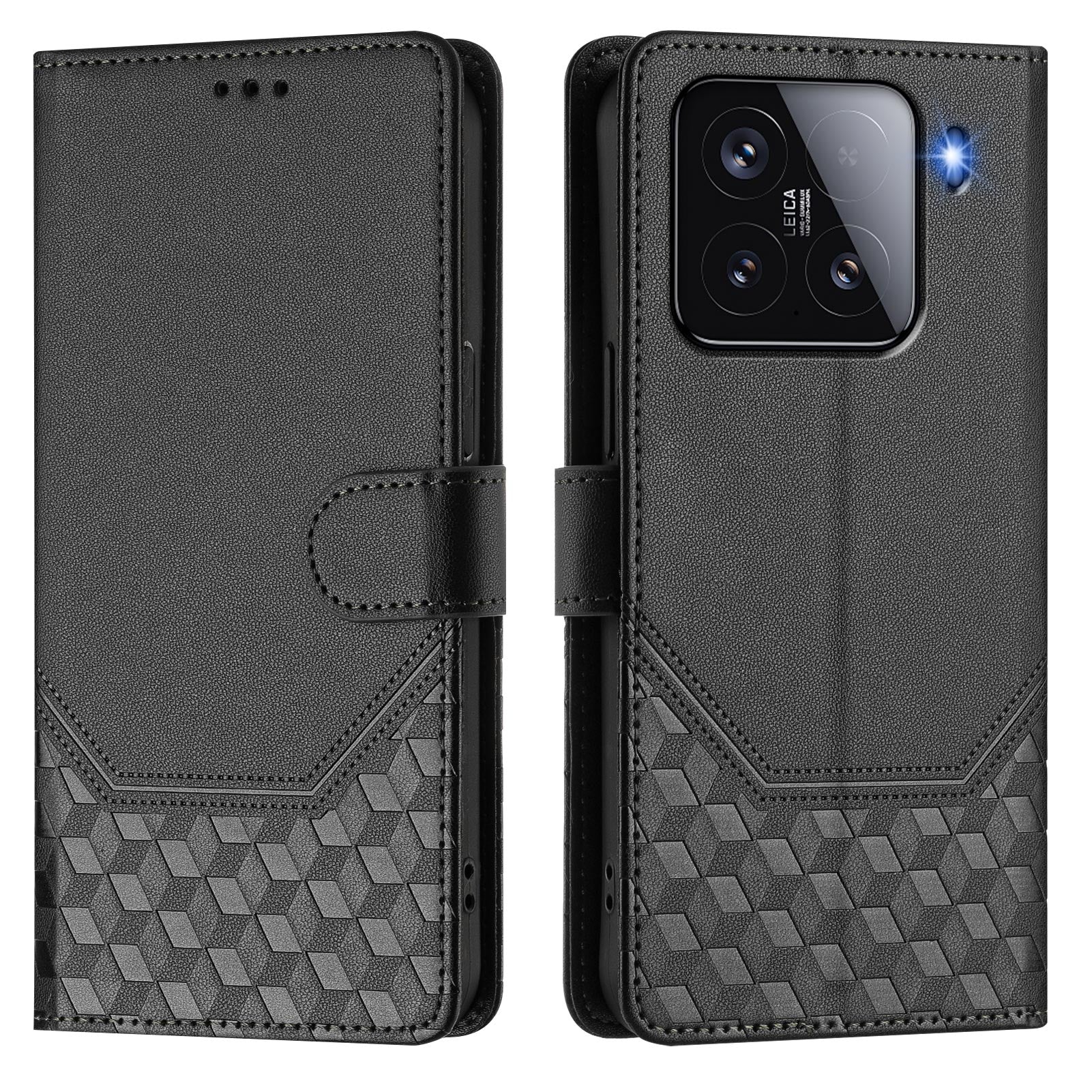 For Xiaomi 15 Case Imprinted Honeycomb RFID Blocking Leather Phone Cover with Strap - Black