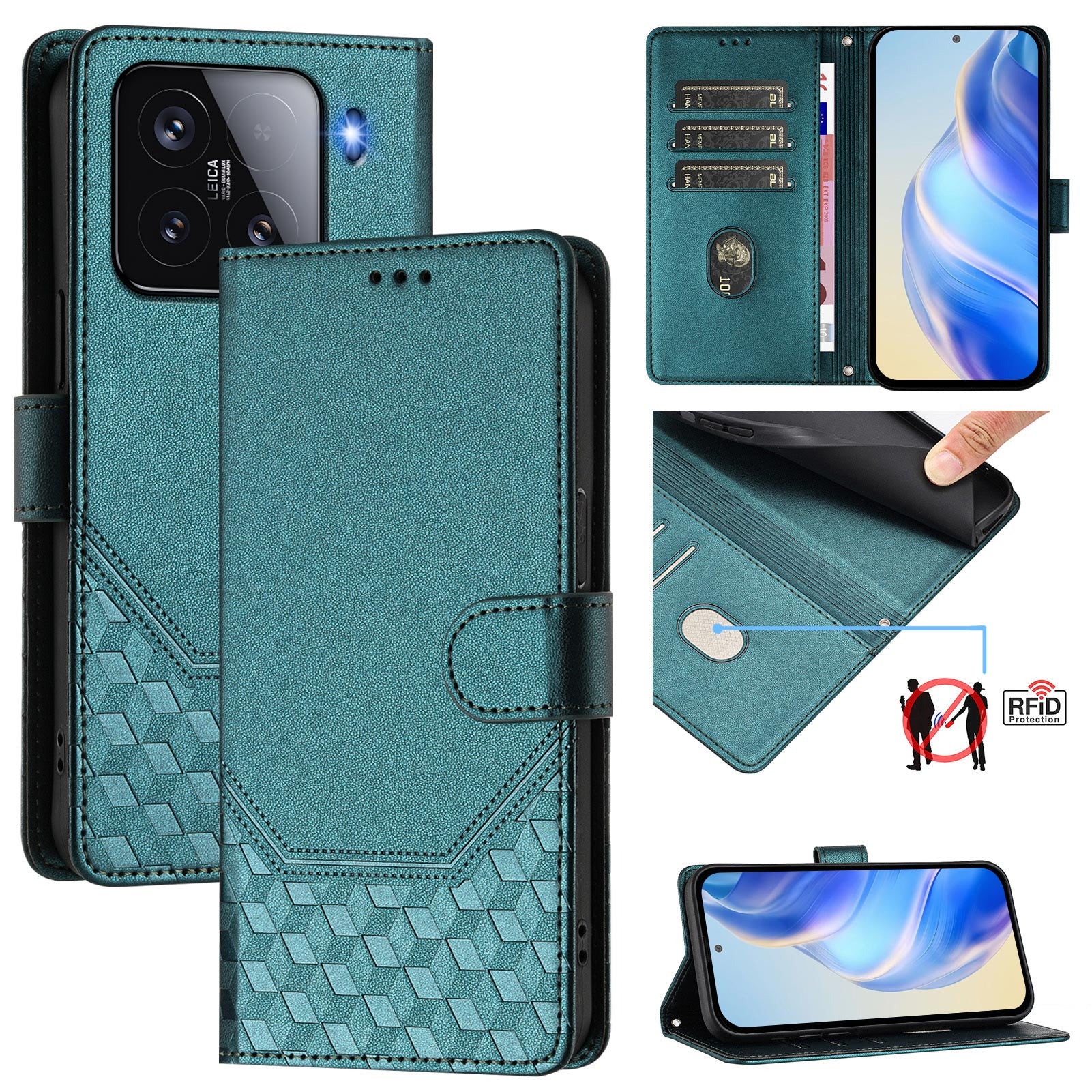 For Xiaomi 15 Case Imprinted Honeycomb RFID Blocking Leather Phone Cover with Strap - Green