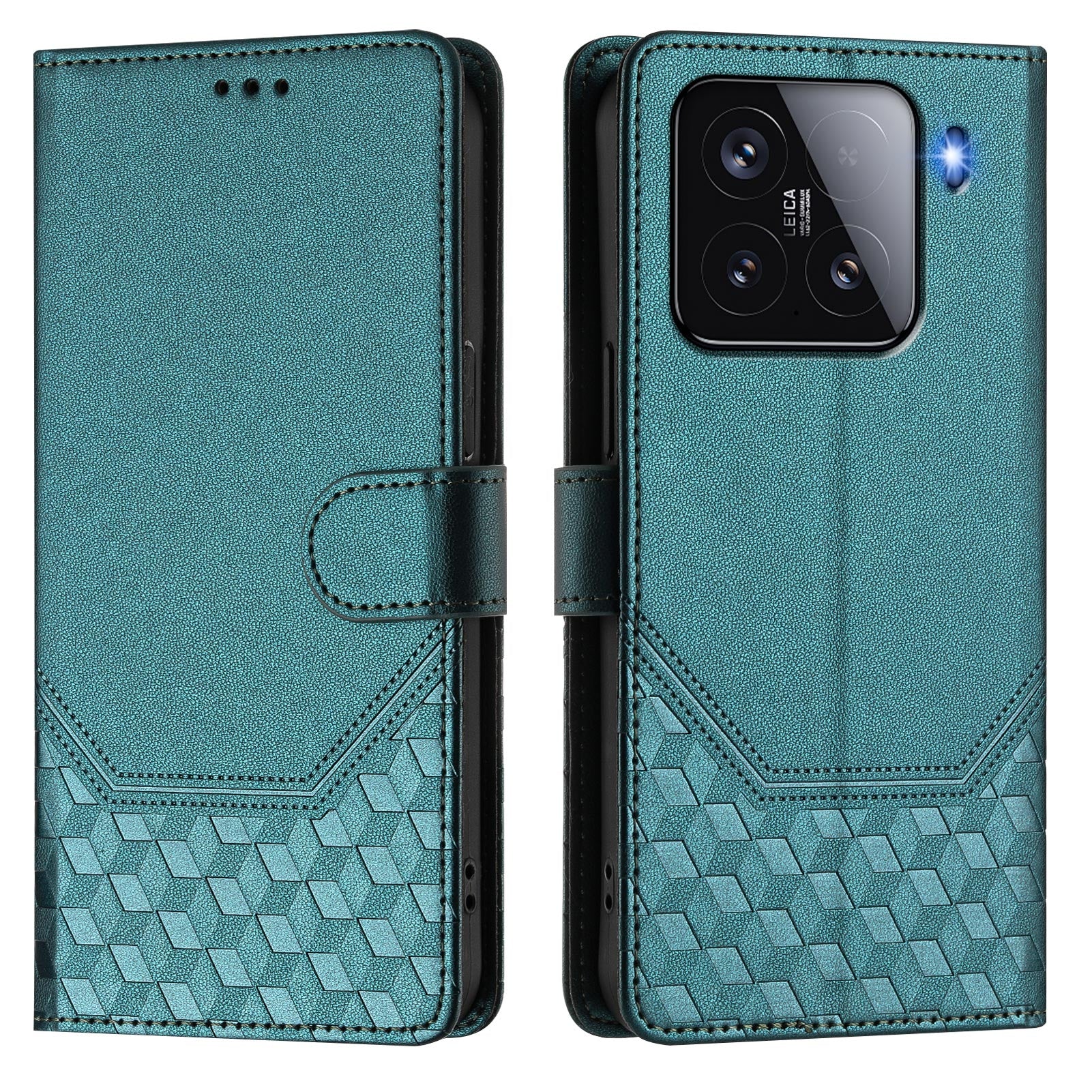 For Xiaomi 15 Case Imprinted Honeycomb RFID Blocking Leather Phone Cover with Strap - Green