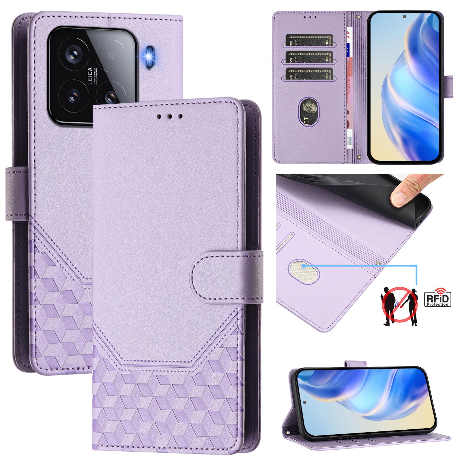 For Xiaomi 15 Case Imprinted Honeycomb RFID Blocking Leather Phone Cover with Strap - Light Purple