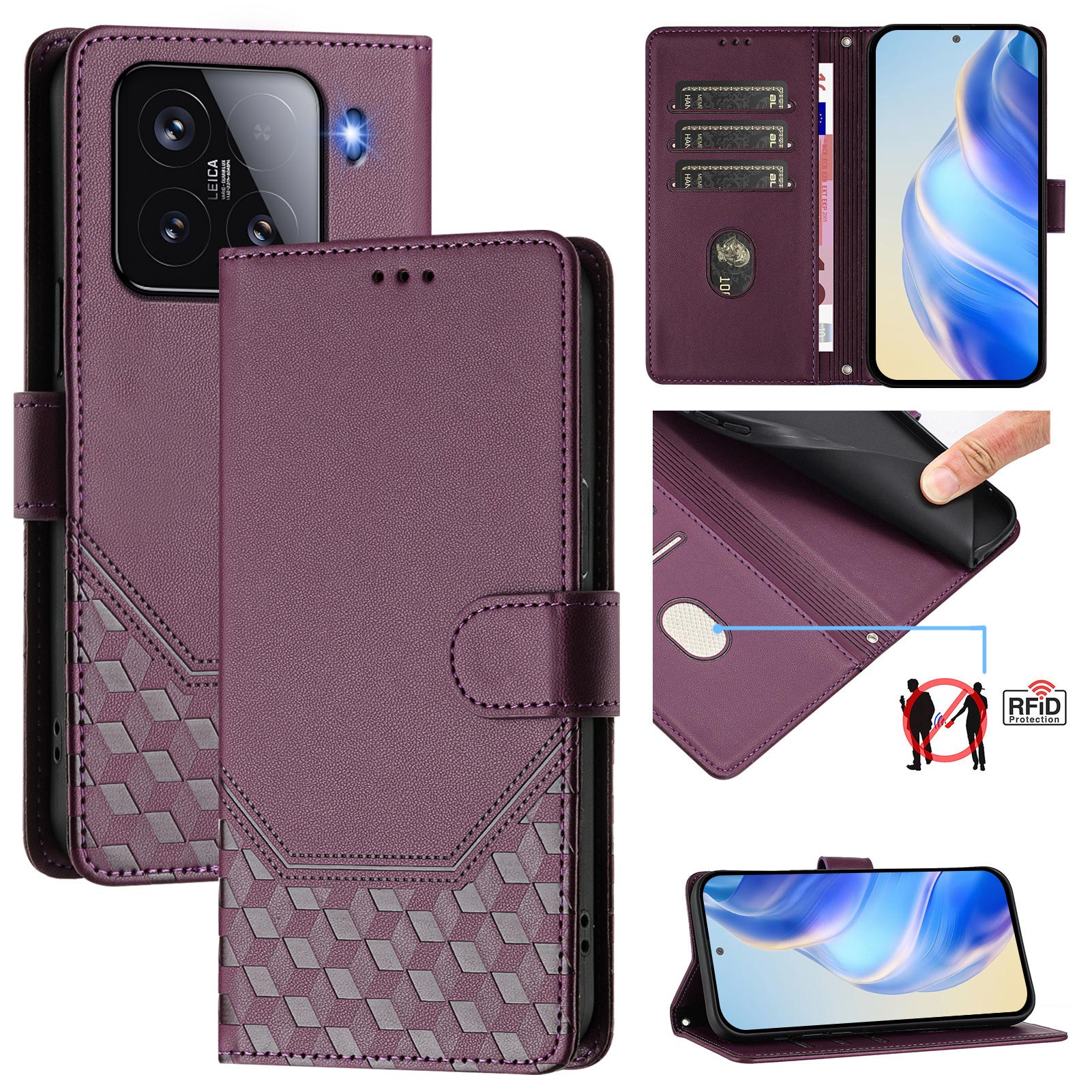 For Xiaomi 15 Case Imprinted Honeycomb RFID Blocking Leather Phone Cover with Strap - Dark Purple