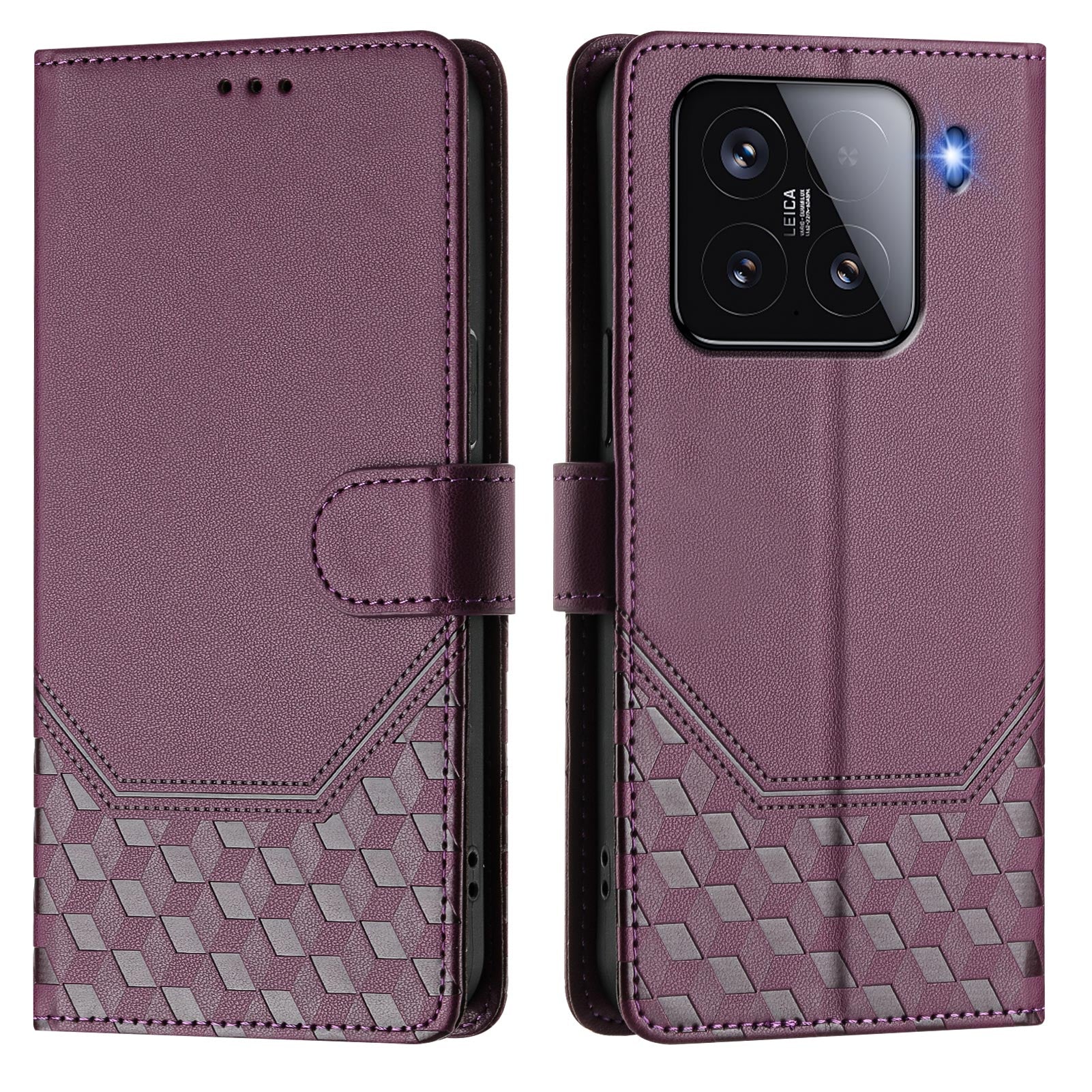 For Xiaomi 15 Case Imprinted Honeycomb RFID Blocking Leather Phone Cover with Strap - Dark Purple