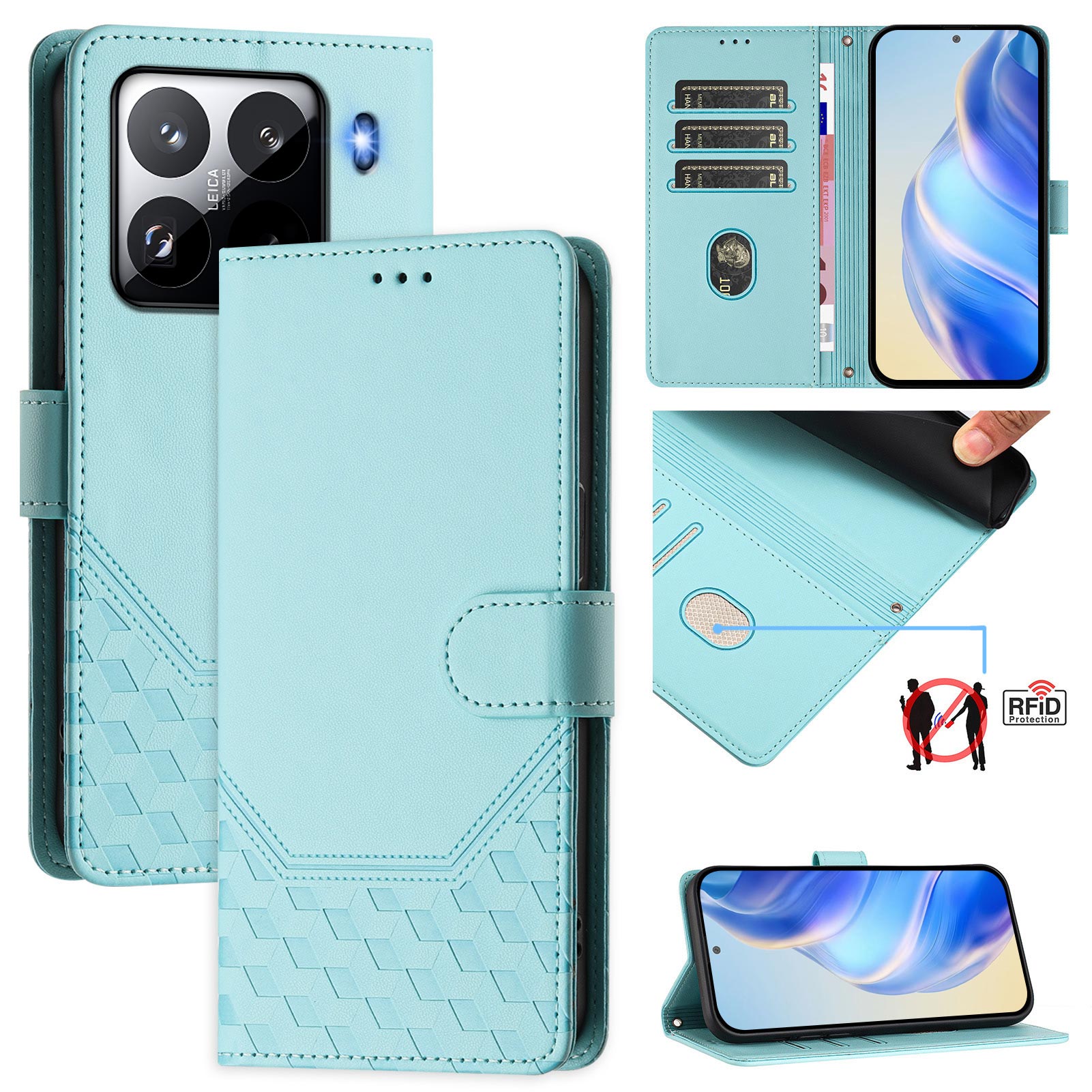 For Xiaomi 15 Pro Case Imprinted Honeycomb RFID Blocking Leather Phone Cover with Strap - Mint Green