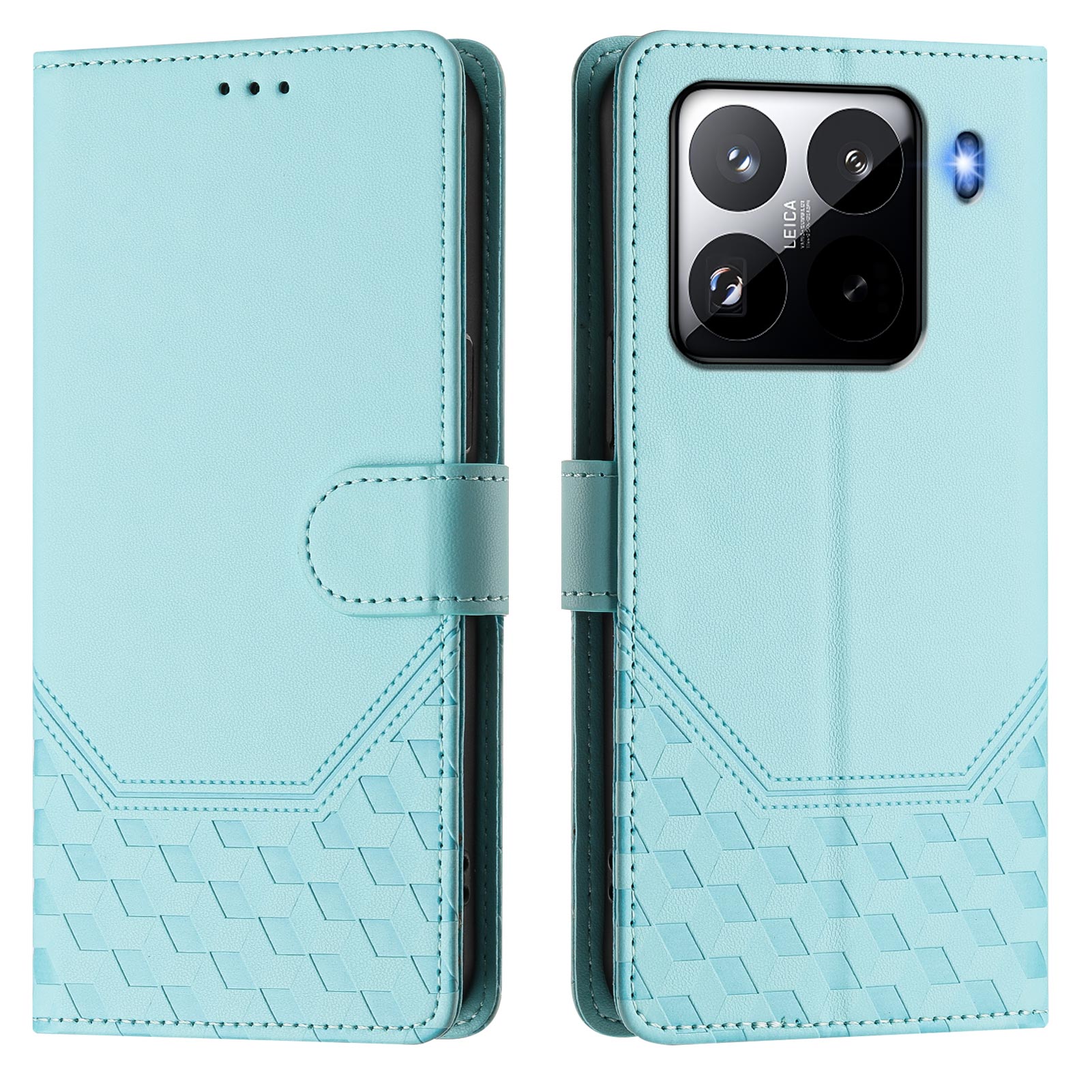 For Xiaomi 15 Pro Case Imprinted Honeycomb RFID Blocking Leather Phone Cover with Strap - Mint Green