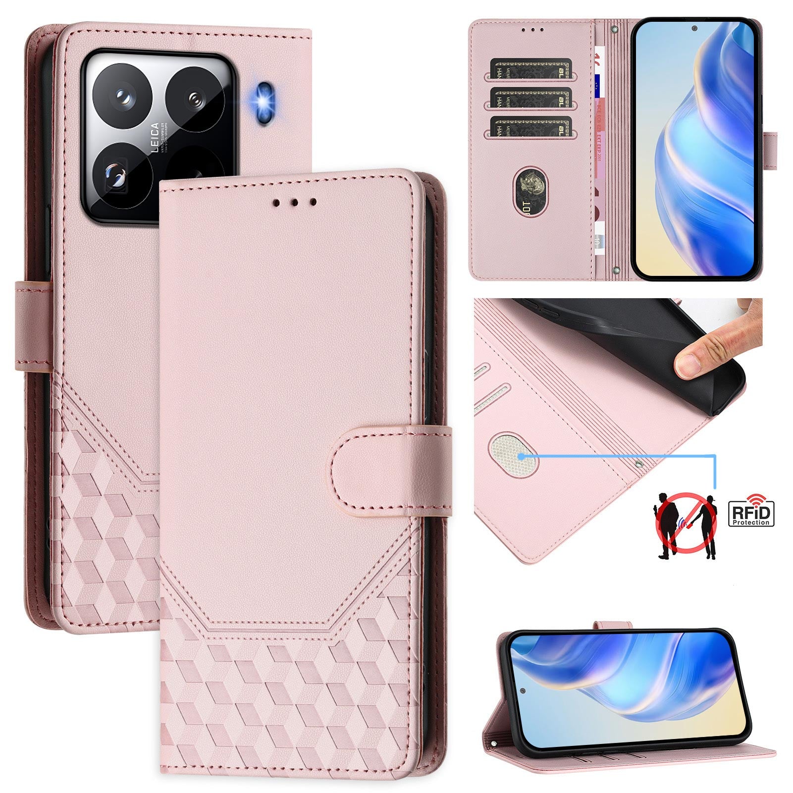 For Xiaomi 15 Pro Case Imprinted Honeycomb RFID Blocking Leather Phone Cover with Strap - Pink