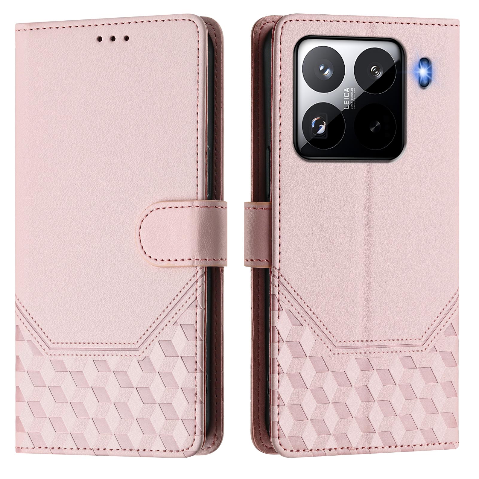 For Xiaomi 15 Pro Case Imprinted Honeycomb RFID Blocking Leather Phone Cover with Strap - Pink