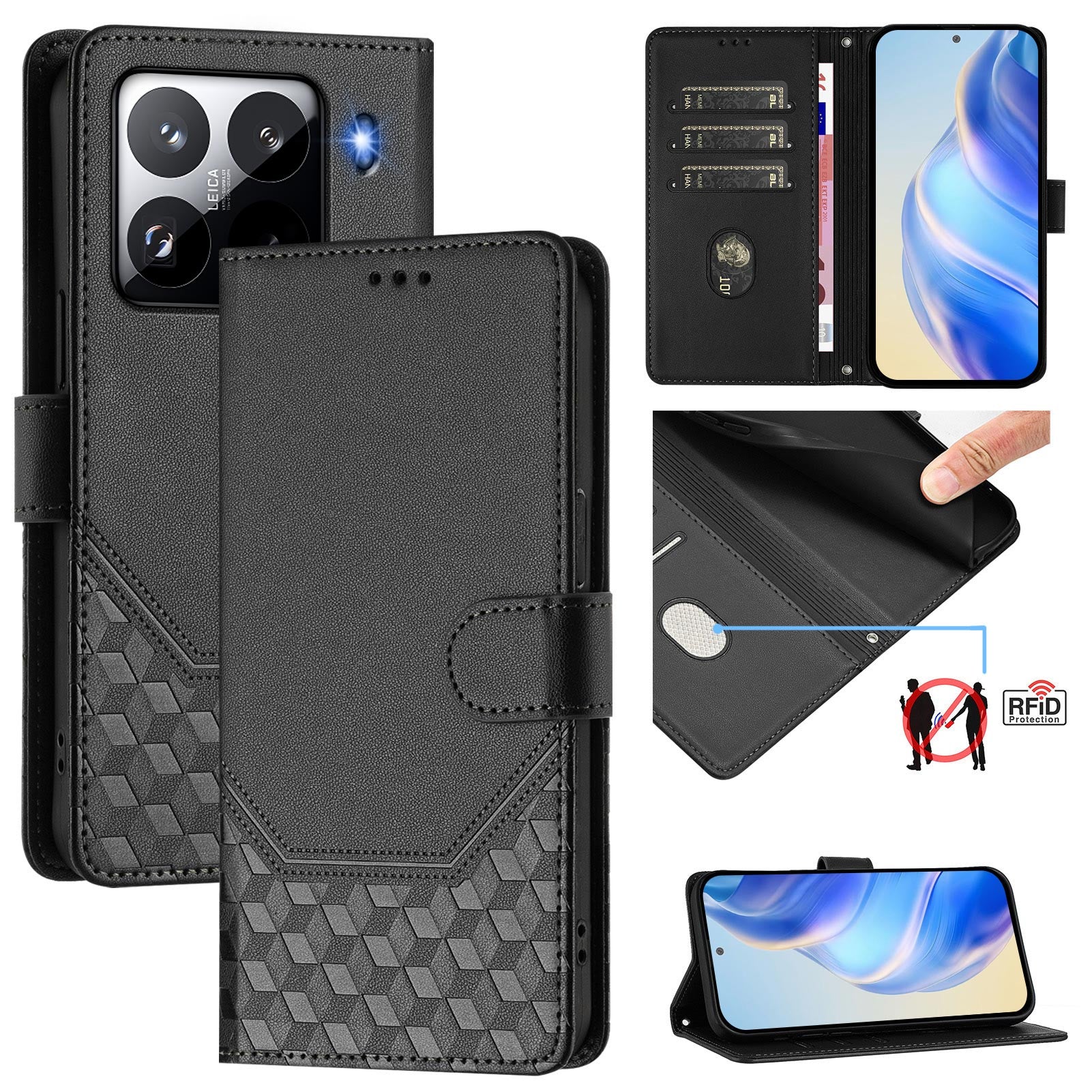 For Xiaomi 15 Pro Case Imprinted Honeycomb RFID Blocking Leather Phone Cover with Strap - Black