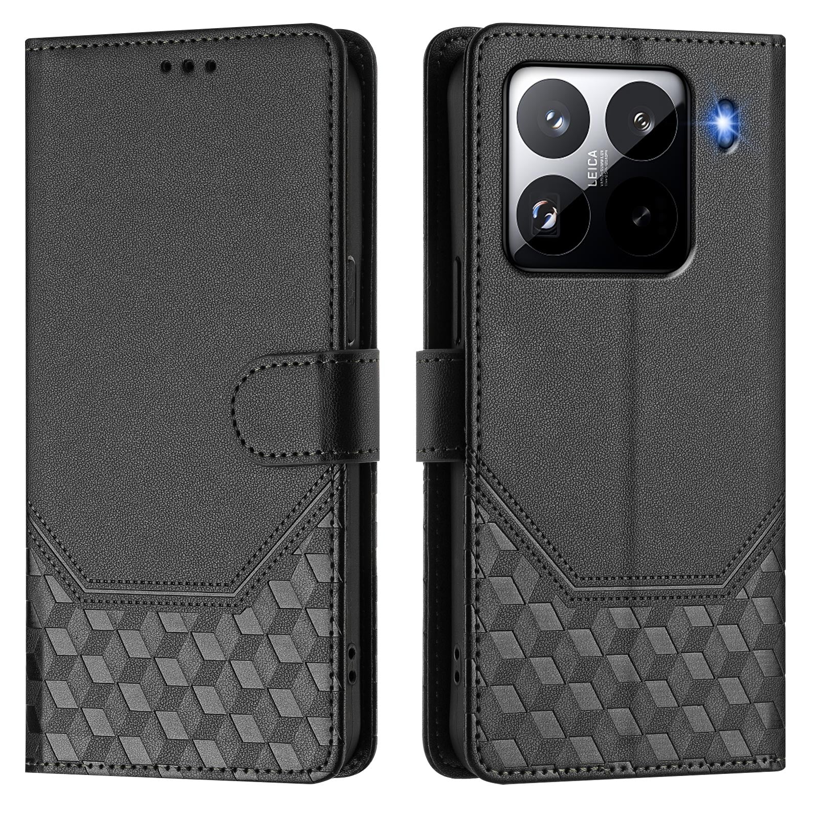 For Xiaomi 15 Pro Case Imprinted Honeycomb RFID Blocking Leather Phone Cover with Strap - Black