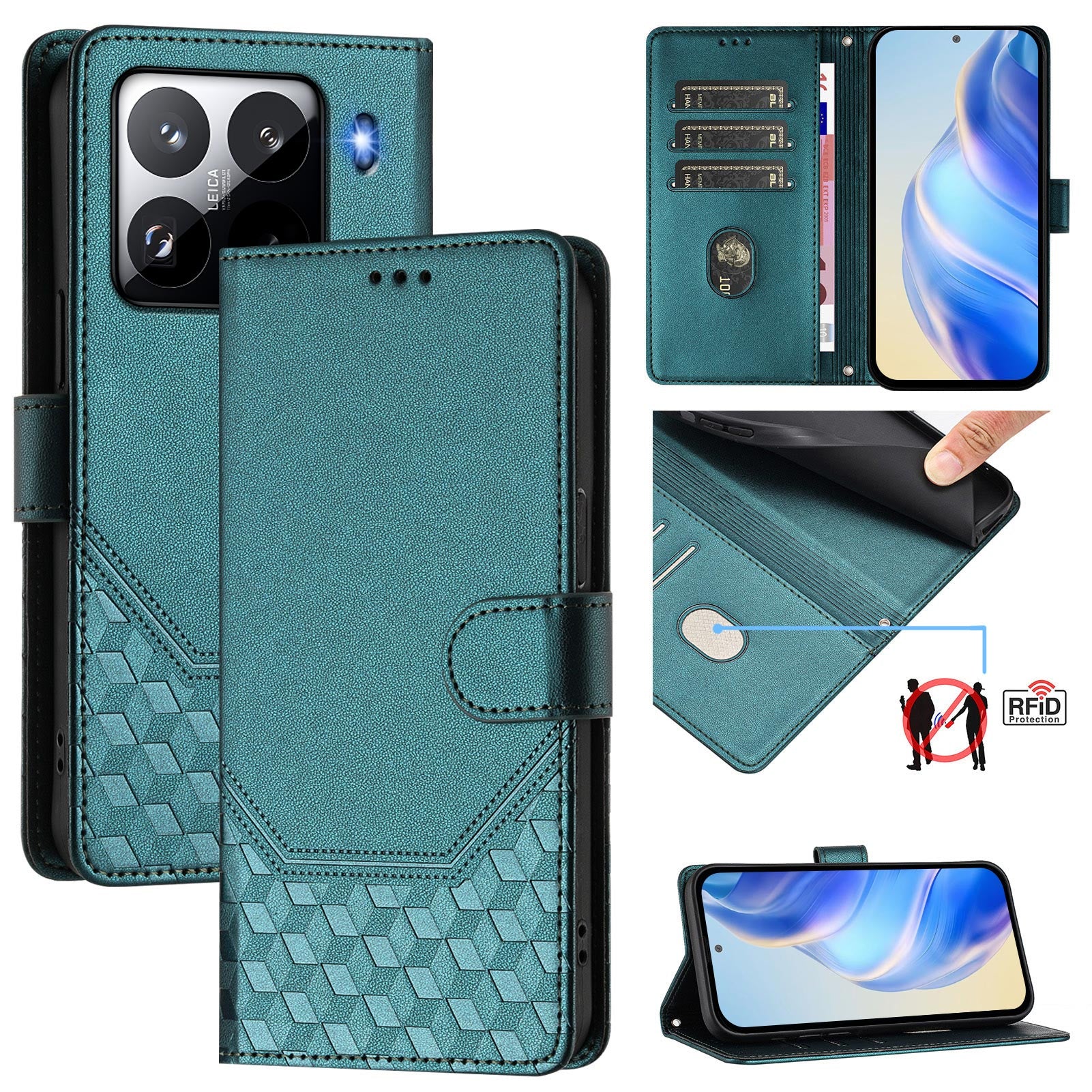 For Xiaomi 15 Pro Case Imprinted Honeycomb RFID Blocking Leather Phone Cover with Strap - Green