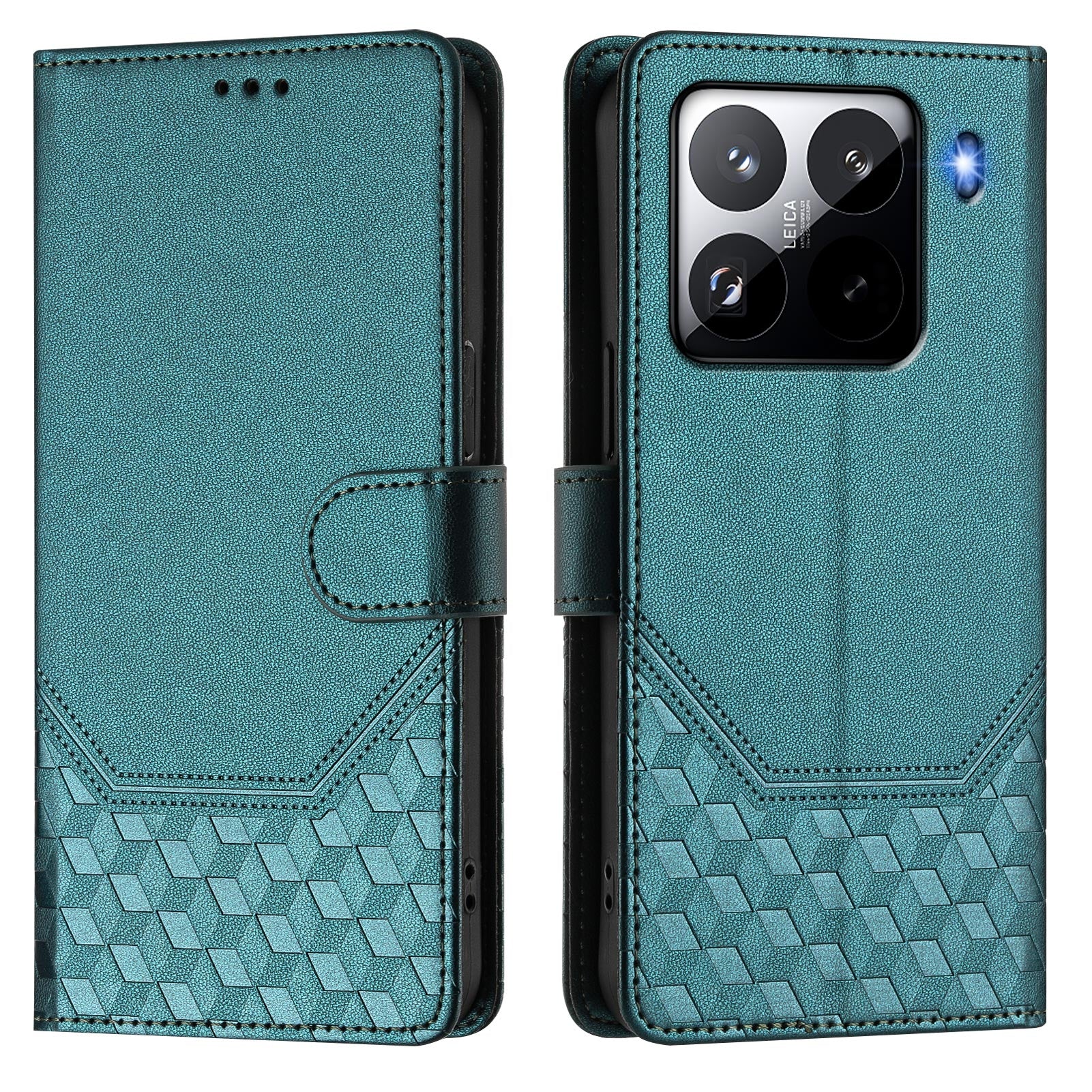 For Xiaomi 15 Pro Case Imprinted Honeycomb RFID Blocking Leather Phone Cover with Strap - Green