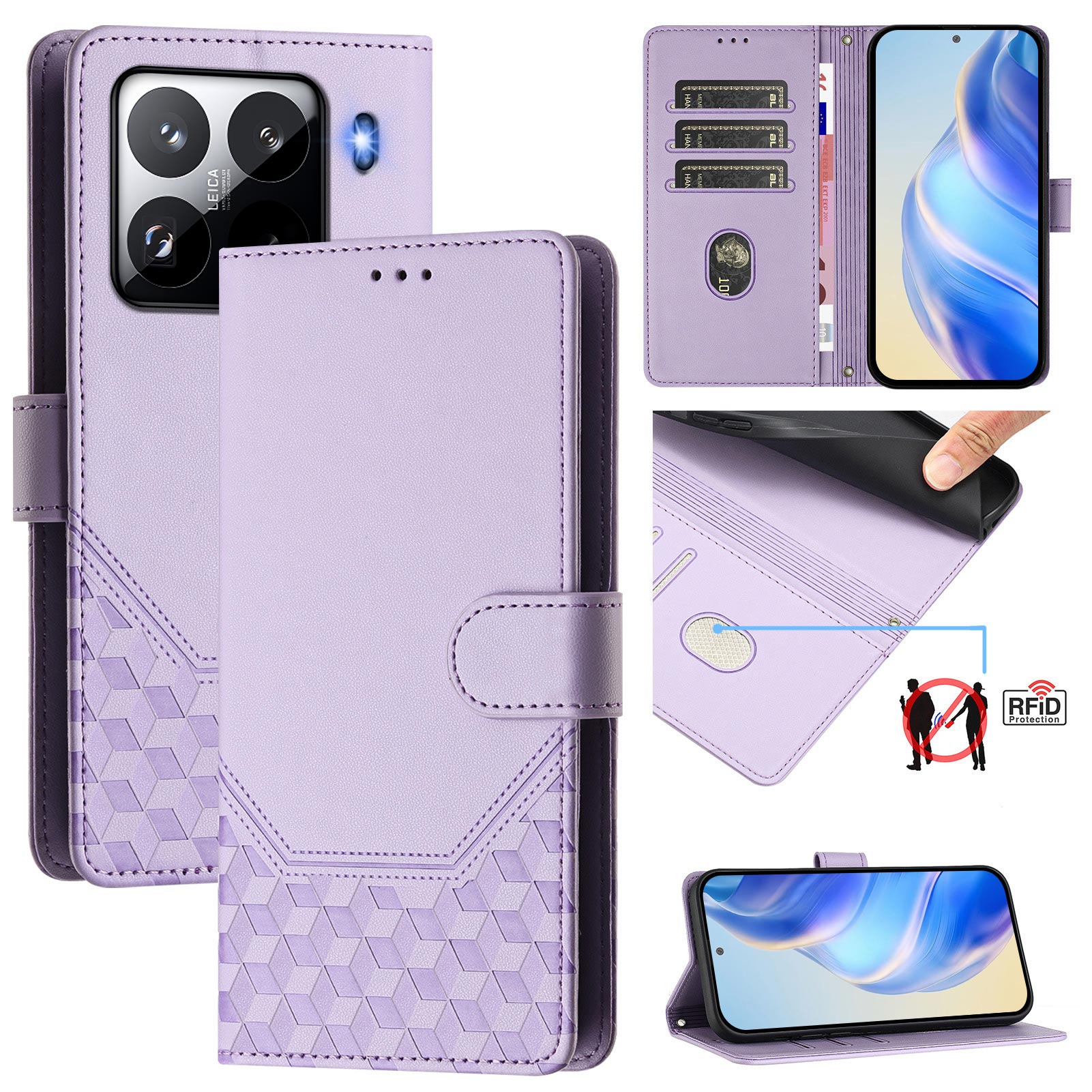 For Xiaomi 15 Pro Case Imprinted Honeycomb RFID Blocking Leather Phone Cover with Strap - Light Purple