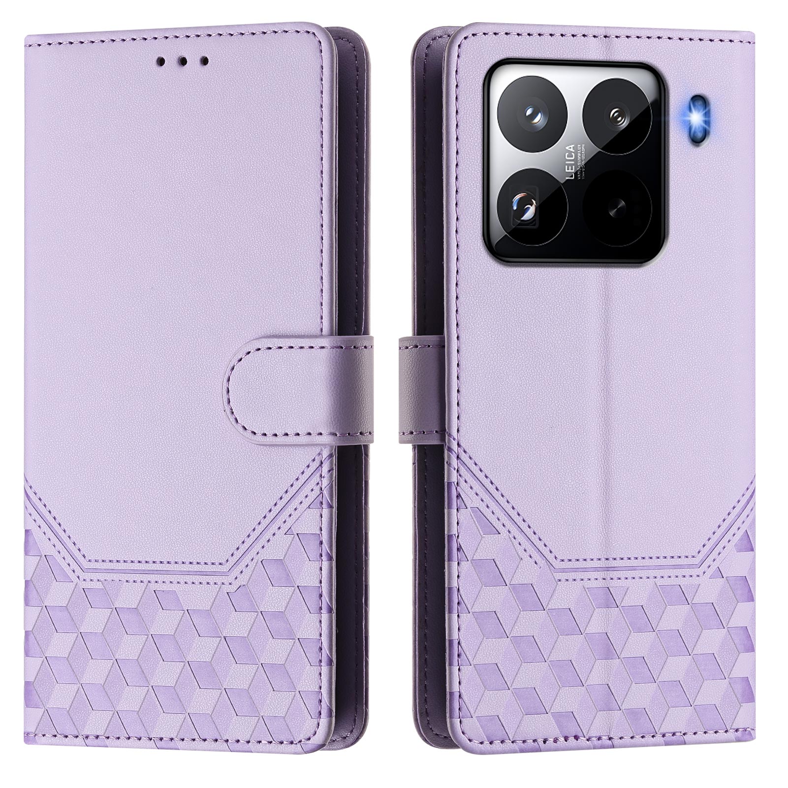 For Xiaomi 15 Pro Case Imprinted Honeycomb RFID Blocking Leather Phone Cover with Strap - Light Purple