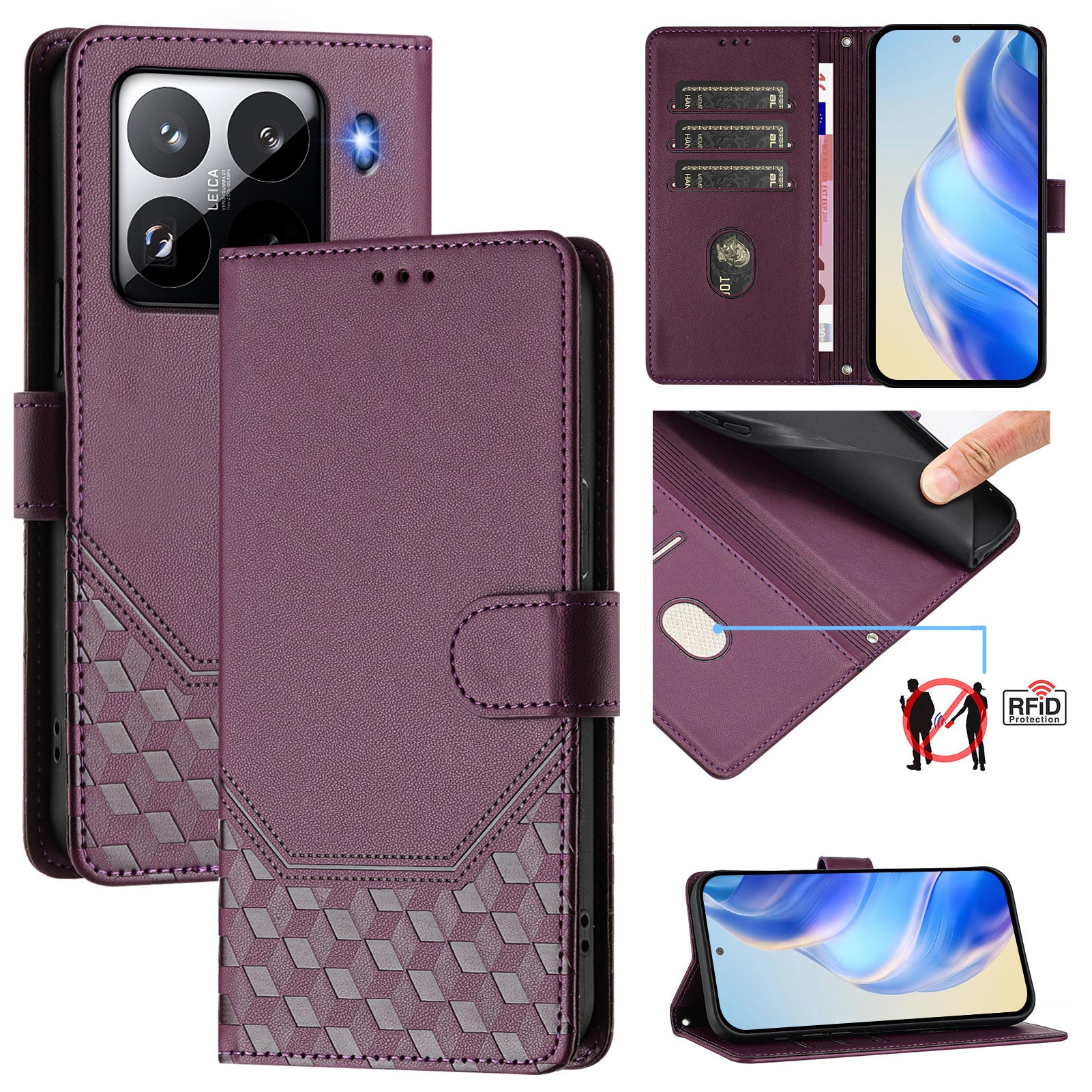 For Xiaomi 15 Pro Case Imprinted Honeycomb RFID Blocking Leather Phone Cover with Strap - Dark Purple