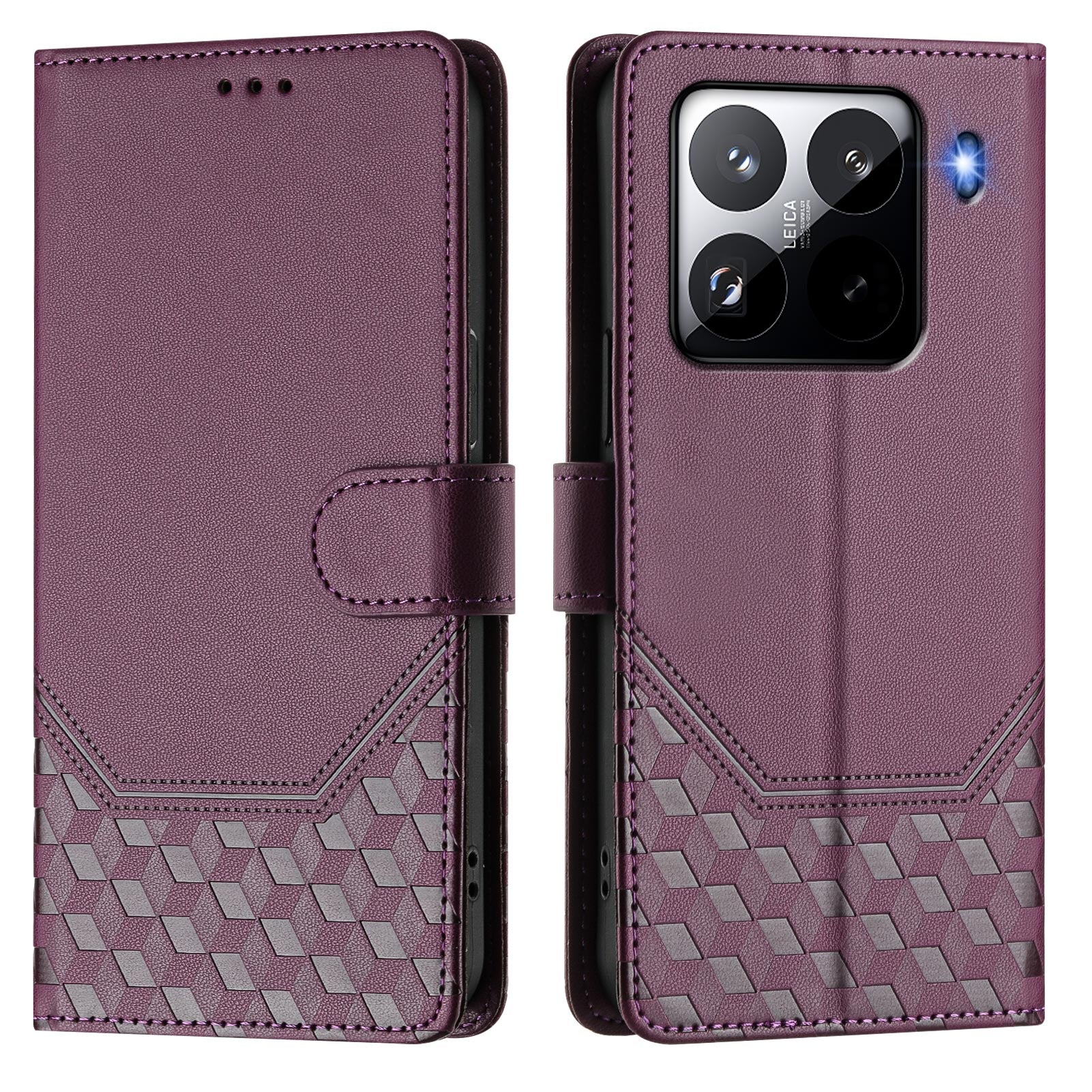 For Xiaomi 15 Pro Case Imprinted Honeycomb RFID Blocking Leather Phone Cover with Strap - Dark Purple