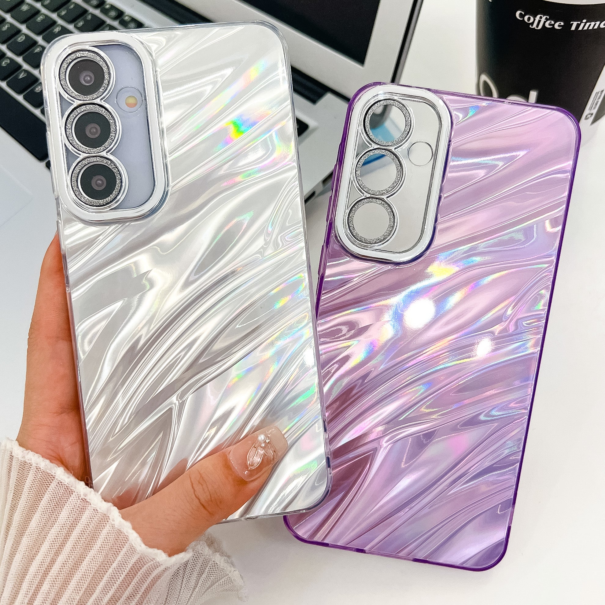 For Samsung Galaxy A16 4G / 5G Case IMD Design Shockproof PC+TPU Phone Cover with Glass Lens Film - Shell Pattern / White