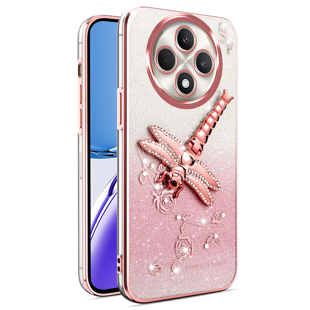 For Oppo Reno12 F 5G / F27 5G Case Dragonfly Kickstand TPU Flowers Glitter Phone Cover - Pink