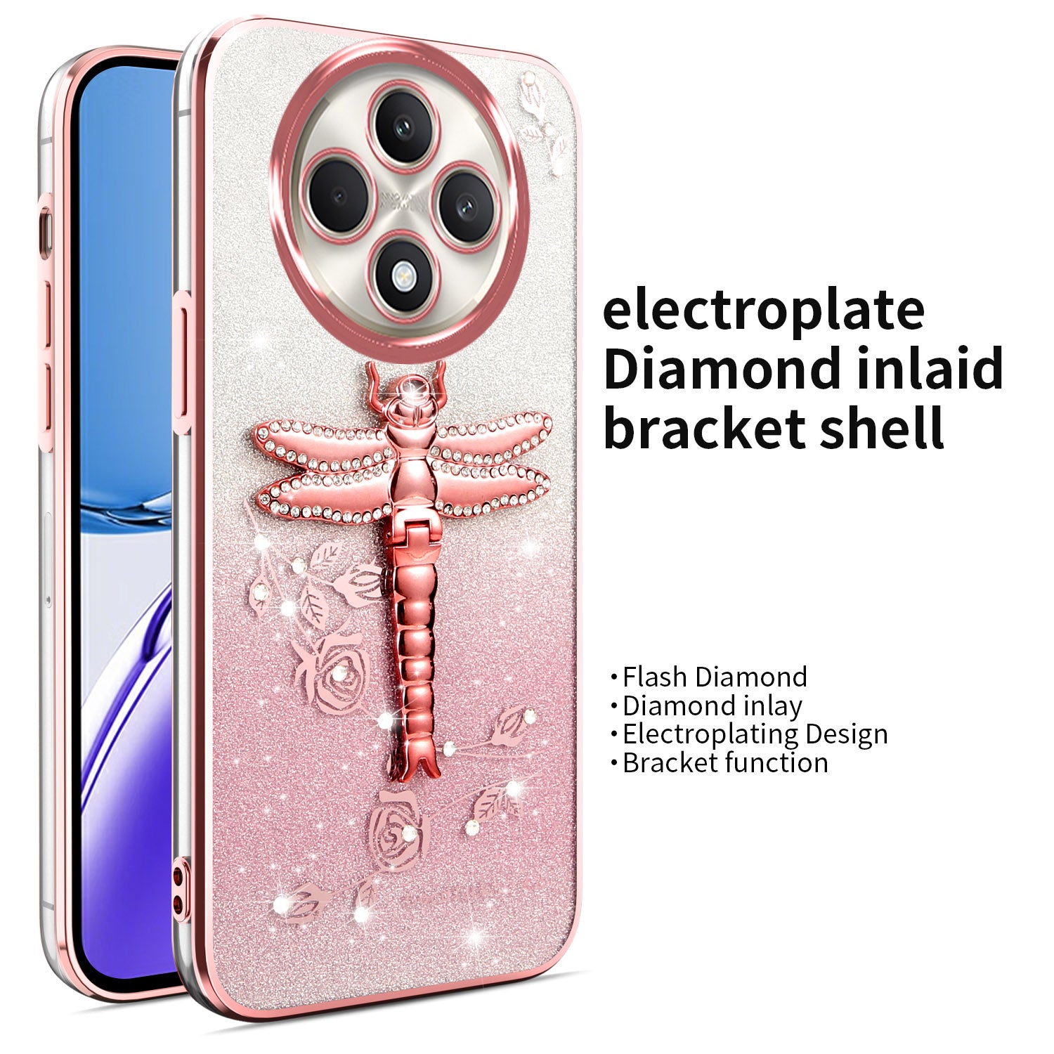 For Oppo Reno12 F 5G / F27 5G Case Dragonfly Kickstand TPU Flowers Glitter Phone Cover - Pink