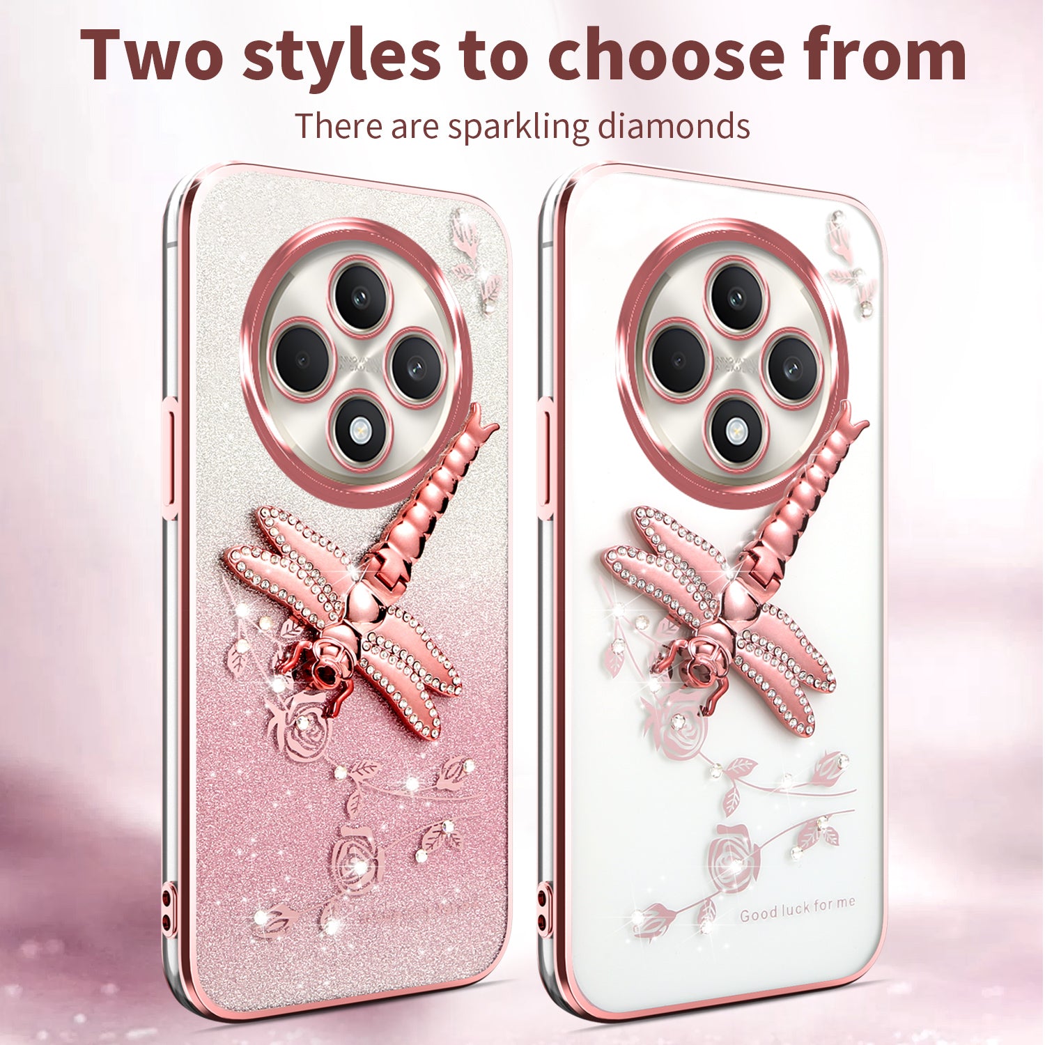 For Oppo Reno12 F 5G / F27 5G Case Dragonfly Kickstand TPU Flowers Glitter Phone Cover - Pink