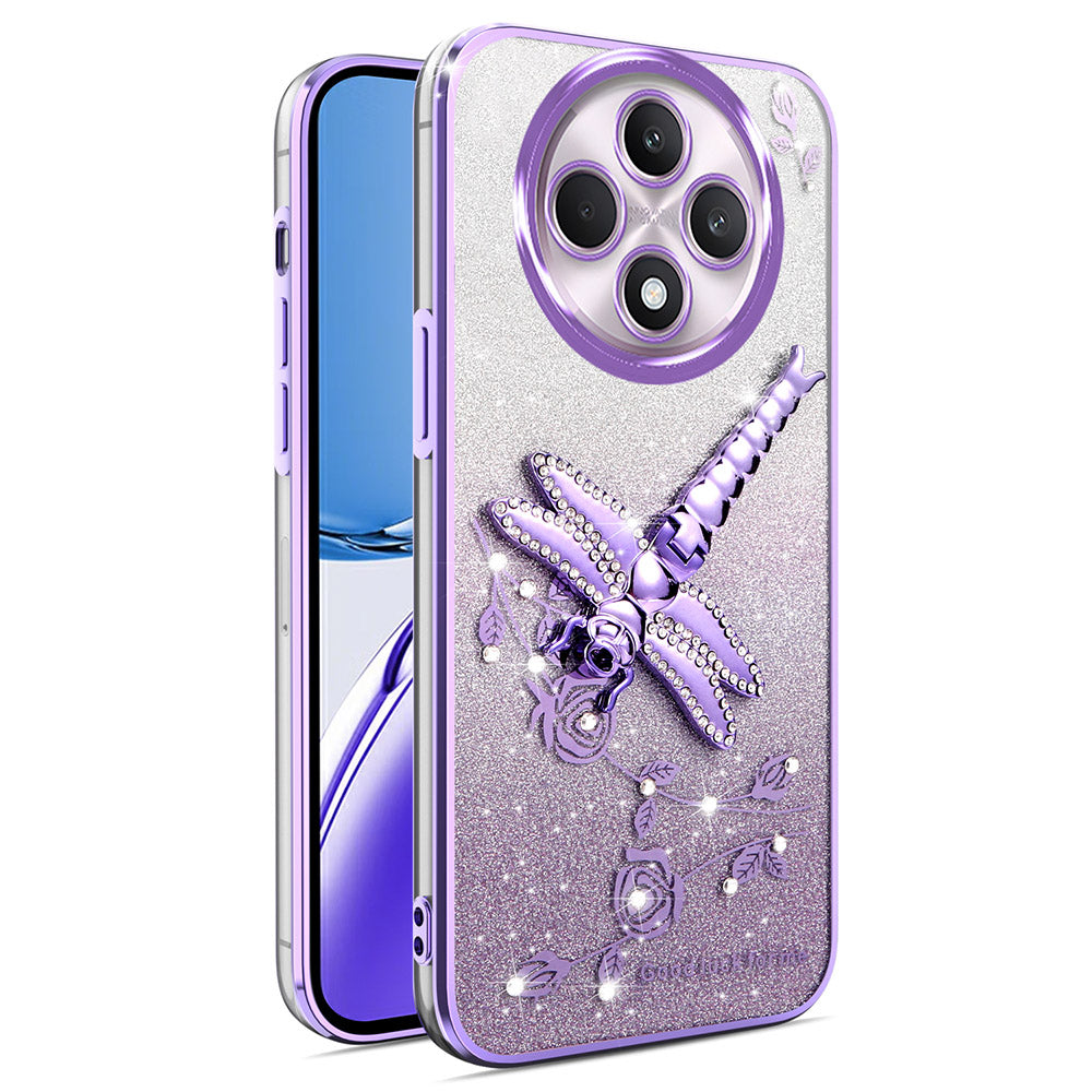 For Oppo Reno12 F 5G / F27 5G Case Dragonfly Kickstand TPU Flowers Glitter Phone Cover - Purple