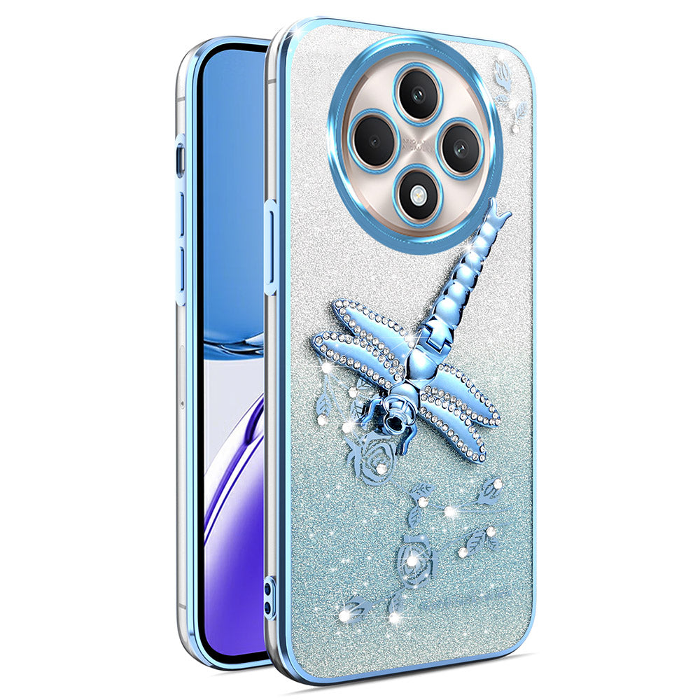 For Oppo Reno12 F 5G / F27 5G Case Dragonfly Kickstand TPU Flowers Glitter Phone Cover - Blue