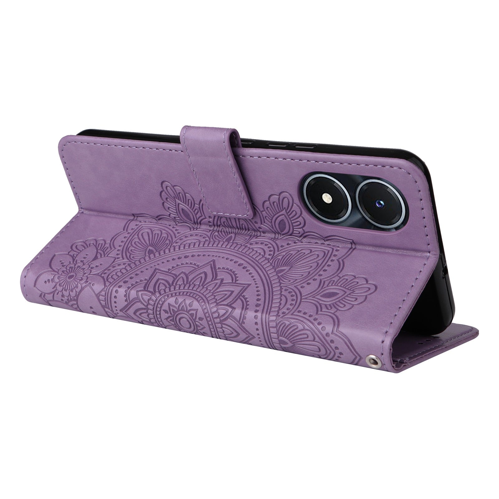 For vivo Y02s 4G / Y16 4G Flower Imprinting Scratch Proof PU Leather Phone Protective Case Flip Stand Wallet Cover with Strap - Purple