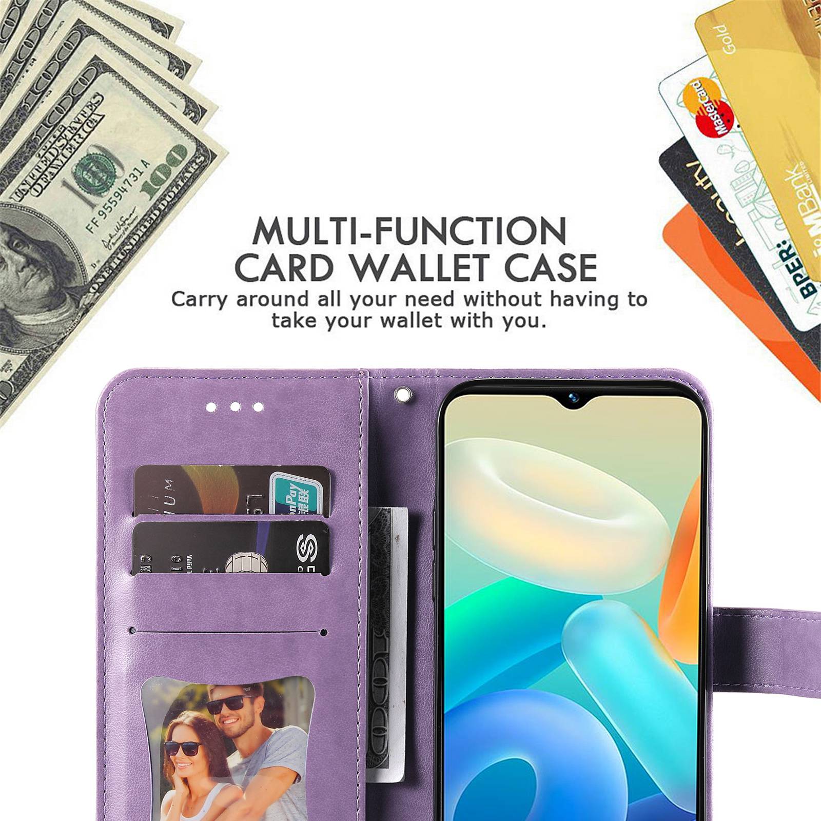 For vivo Y02s 4G / Y16 4G Flower Imprinting Scratch Proof PU Leather Phone Protective Case Flip Stand Wallet Cover with Strap - Purple