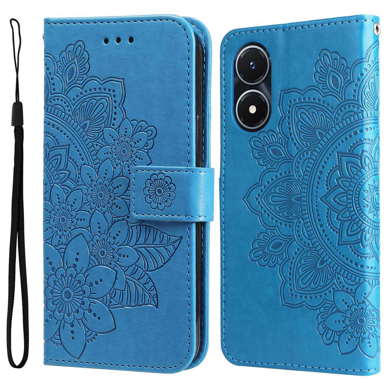 For vivo Y02s 4G / Y16 4G Flower Imprinting Scratch Proof PU Leather Phone Protective Case Flip Stand Wallet Cover with Strap - Blue