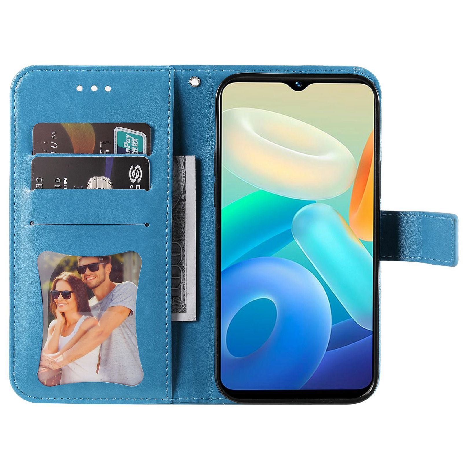 For vivo Y02s 4G / Y16 4G Flower Imprinting Scratch Proof PU Leather Phone Protective Case Flip Stand Wallet Cover with Strap - Blue