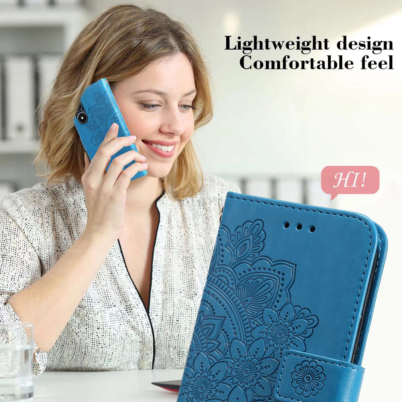 For vivo Y02s 4G / Y16 4G Flower Imprinting Scratch Proof PU Leather Phone Protective Case Flip Stand Wallet Cover with Strap - Blue