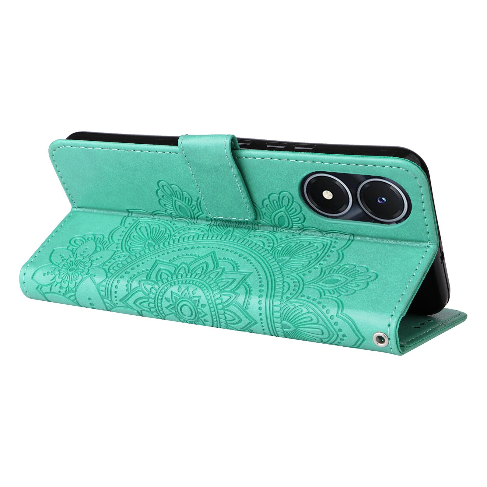 For vivo Y02s 4G / Y16 4G Flower Imprinting Scratch Proof PU Leather Phone Protective Case Flip Stand Wallet Cover with Strap - Green