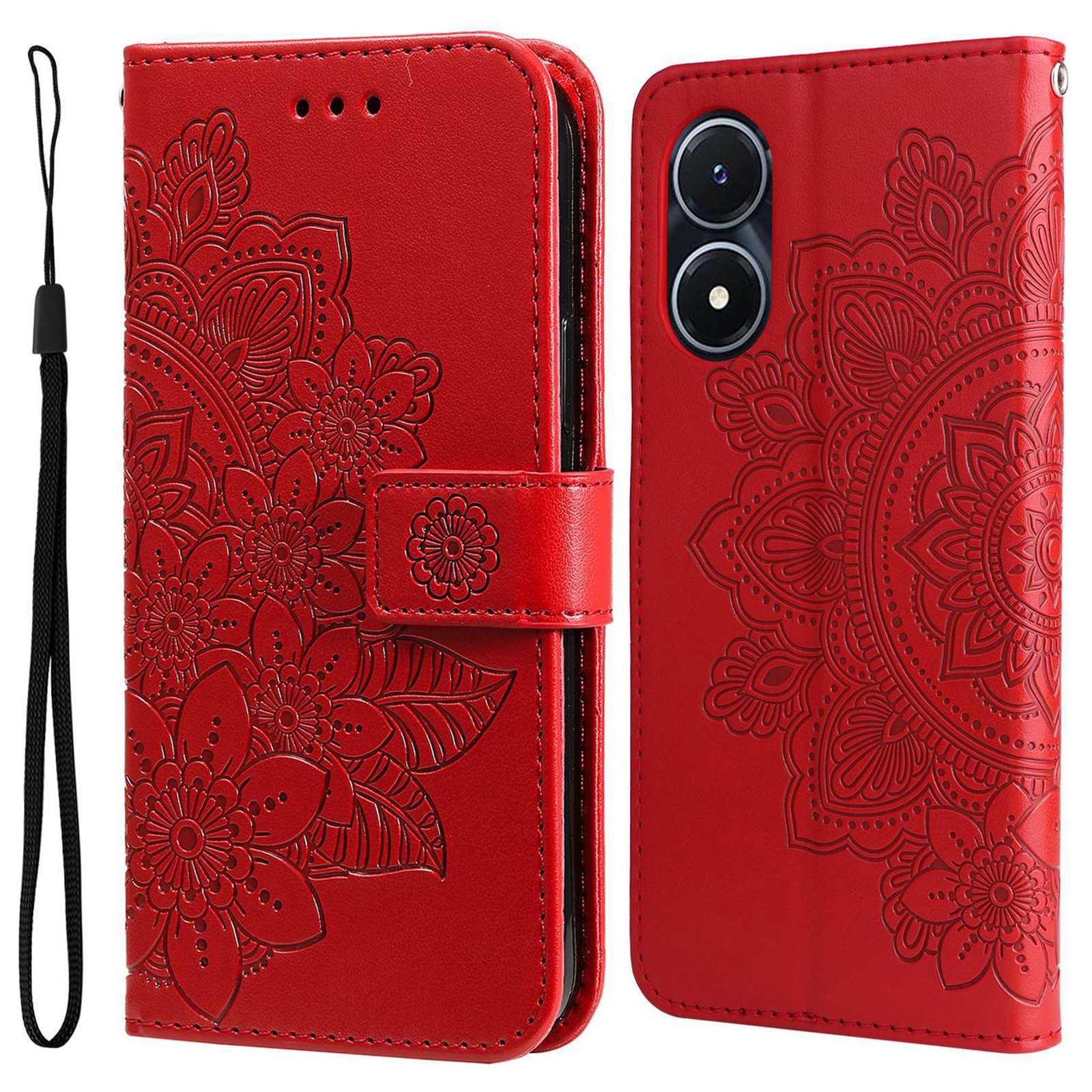 For vivo Y02s 4G / Y16 4G Flower Imprinting Scratch Proof PU Leather Phone Protective Case Flip Stand Wallet Cover with Strap - Red