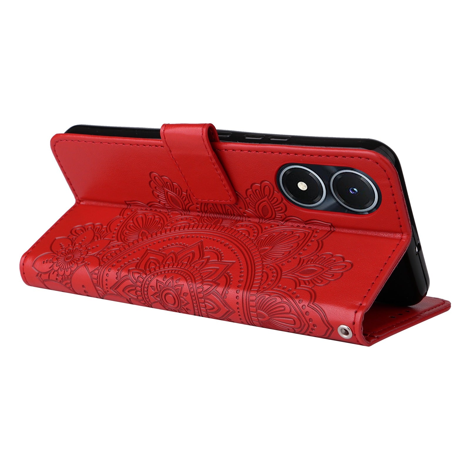 For vivo Y02s 4G / Y16 4G Flower Imprinting Scratch Proof PU Leather Phone Protective Case Flip Stand Wallet Cover with Strap - Red