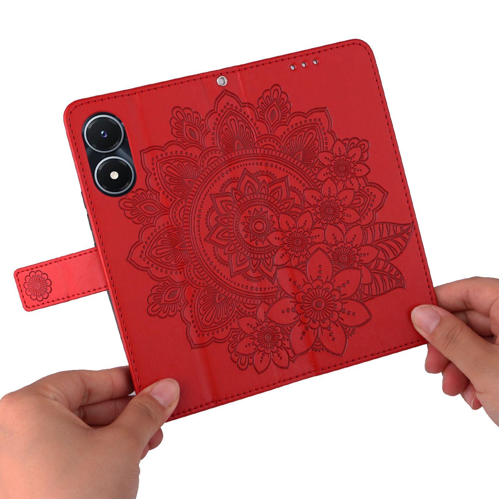 For vivo Y02s 4G / Y16 4G Flower Imprinting Scratch Proof PU Leather Phone Protective Case Flip Stand Wallet Cover with Strap - Red