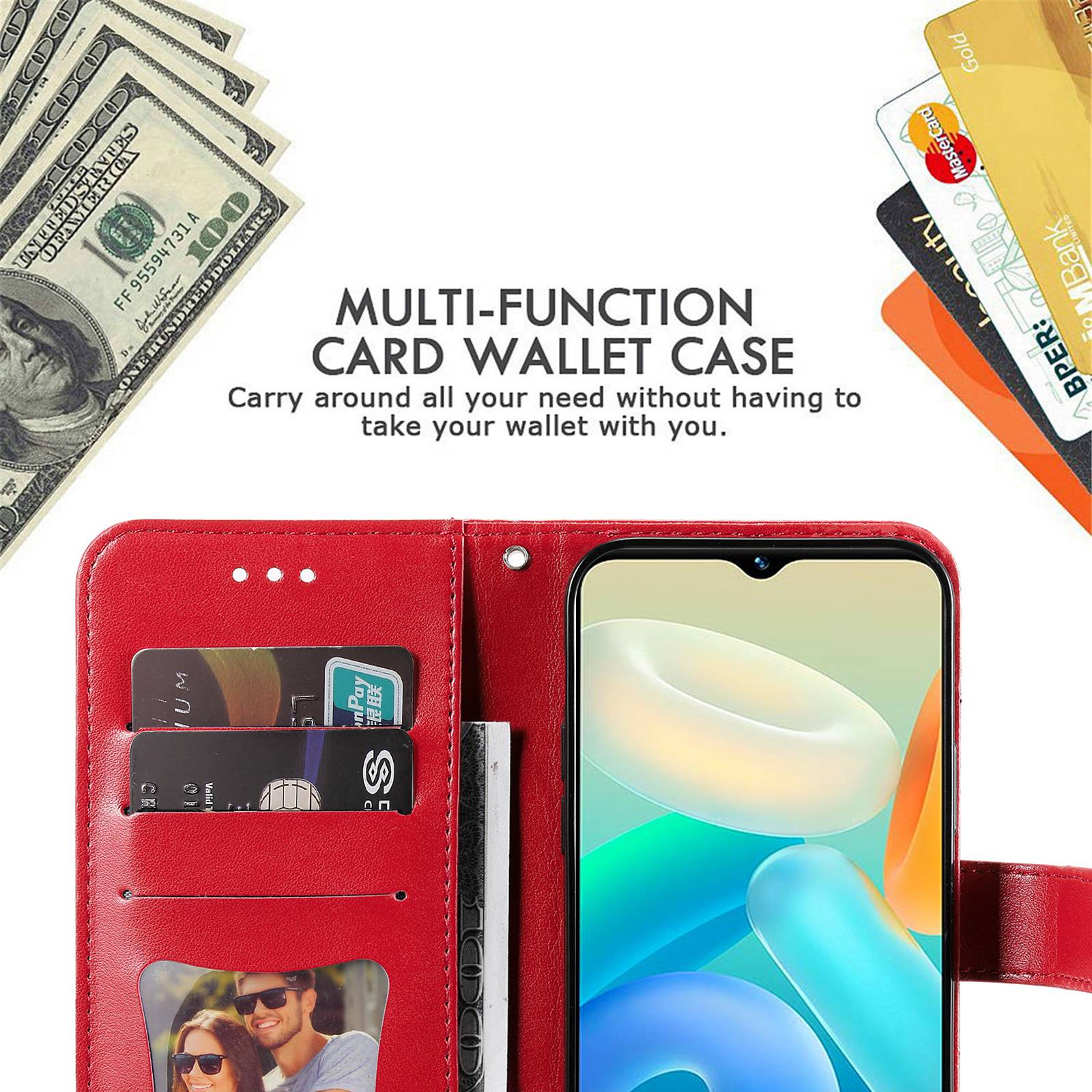 For vivo Y02s 4G / Y16 4G Flower Imprinting Scratch Proof PU Leather Phone Protective Case Flip Stand Wallet Cover with Strap - Red