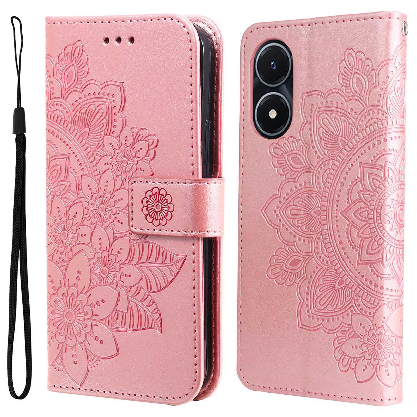 For vivo Y02s 4G / Y16 4G Flower Imprinting Scratch Proof PU Leather Phone Protective Case Flip Stand Wallet Cover with Strap - Rose Gold