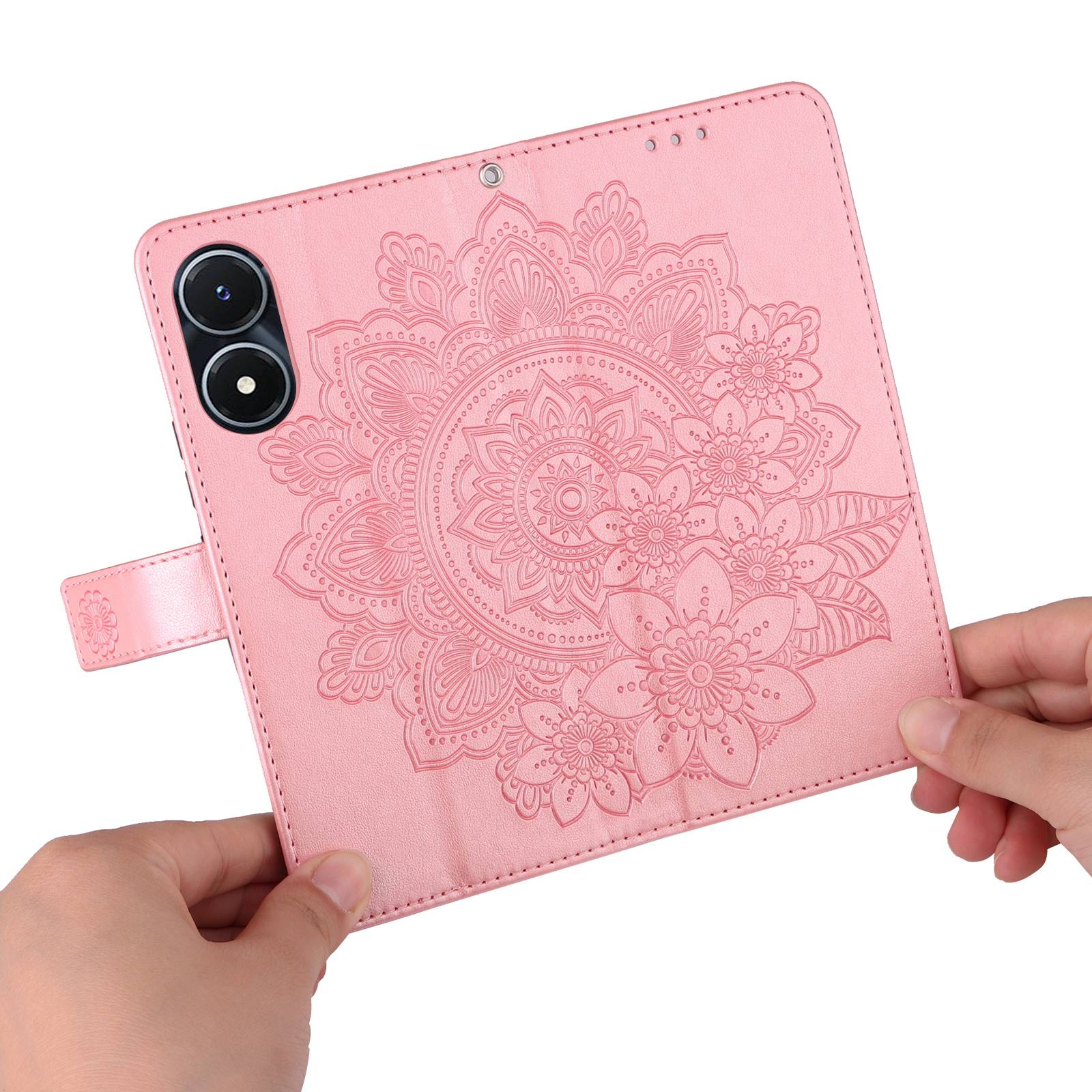 For vivo Y02s 4G / Y16 4G Flower Imprinting Scratch Proof PU Leather Phone Protective Case Flip Stand Wallet Cover with Strap - Rose Gold