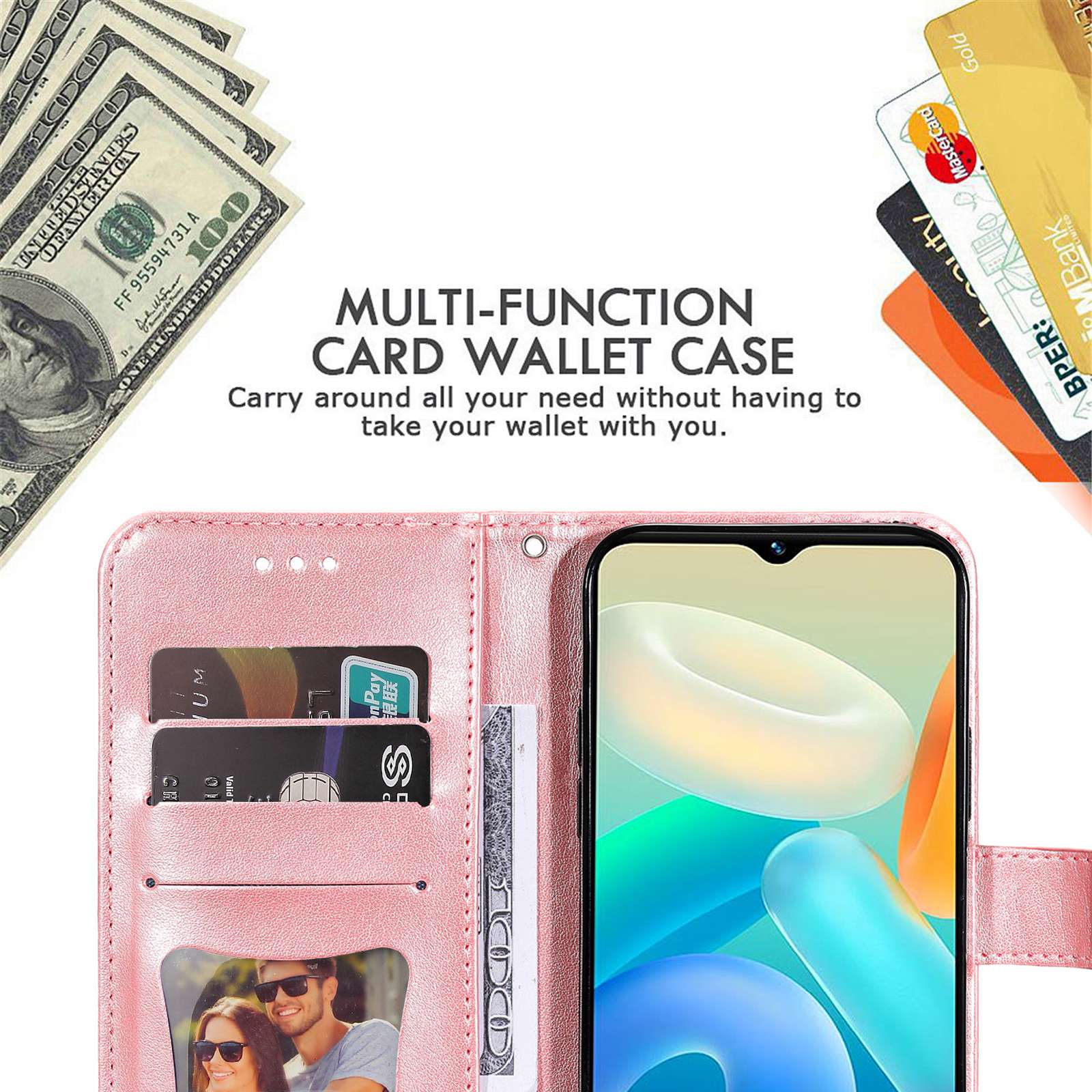 For vivo Y02s 4G / Y16 4G Flower Imprinting Scratch Proof PU Leather Phone Protective Case Flip Stand Wallet Cover with Strap - Rose Gold