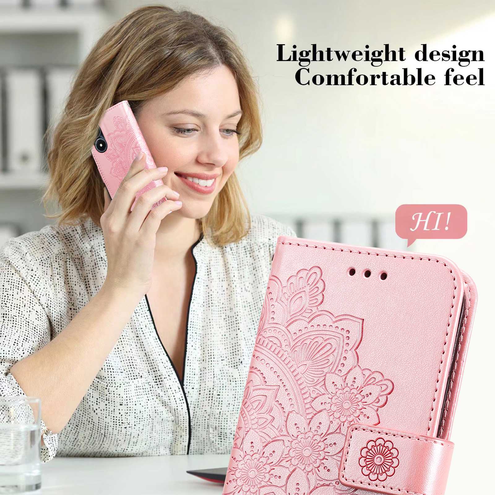 For vivo Y02s 4G / Y16 4G Flower Imprinting Scratch Proof PU Leather Phone Protective Case Flip Stand Wallet Cover with Strap - Rose Gold