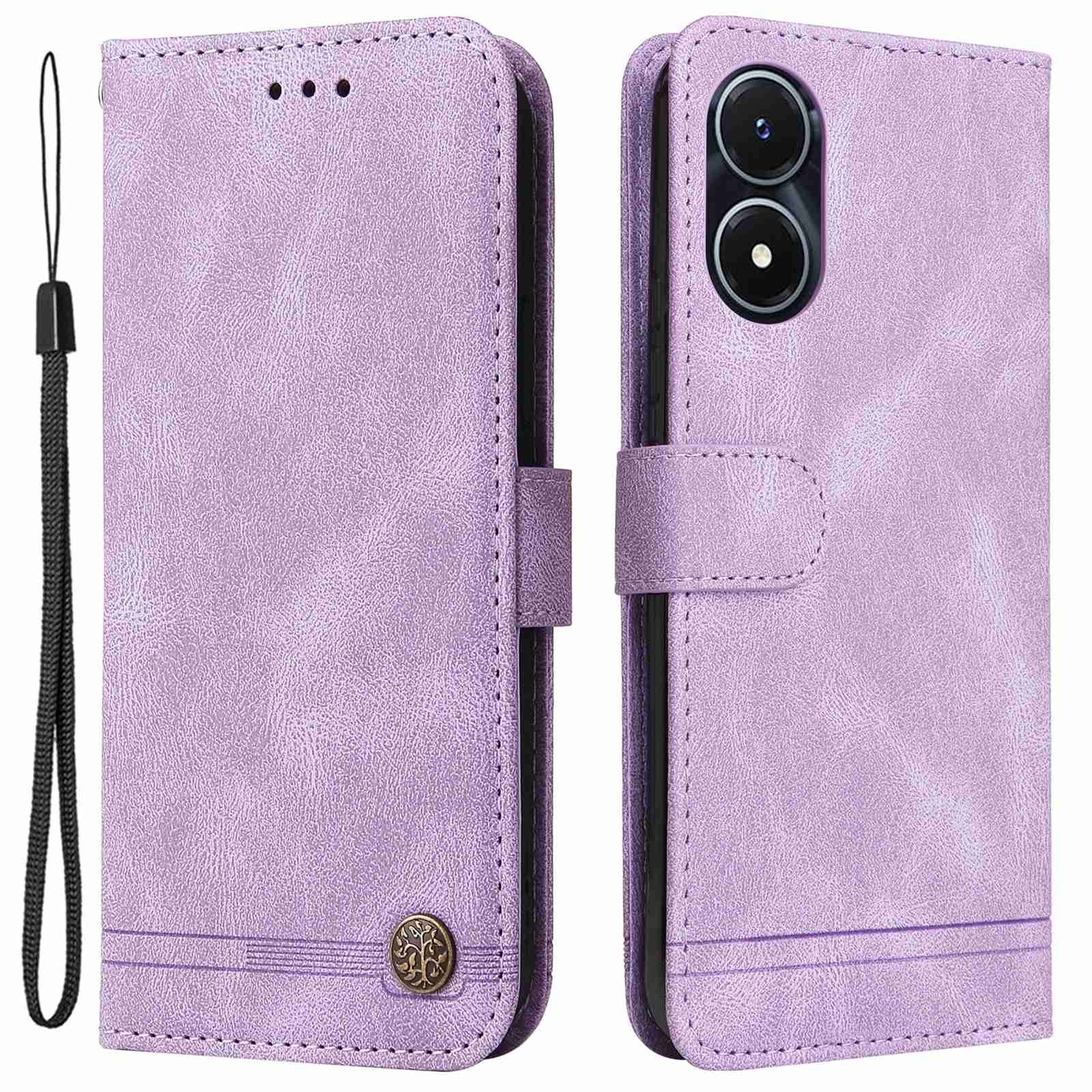 For vivo Y02s 4G / Y16 4G Lines Imprinted Skin-touch PU Leather Wallet Case Tree Pattern Metal Button Stand Flip Shockproof Cover with Strap - Purple