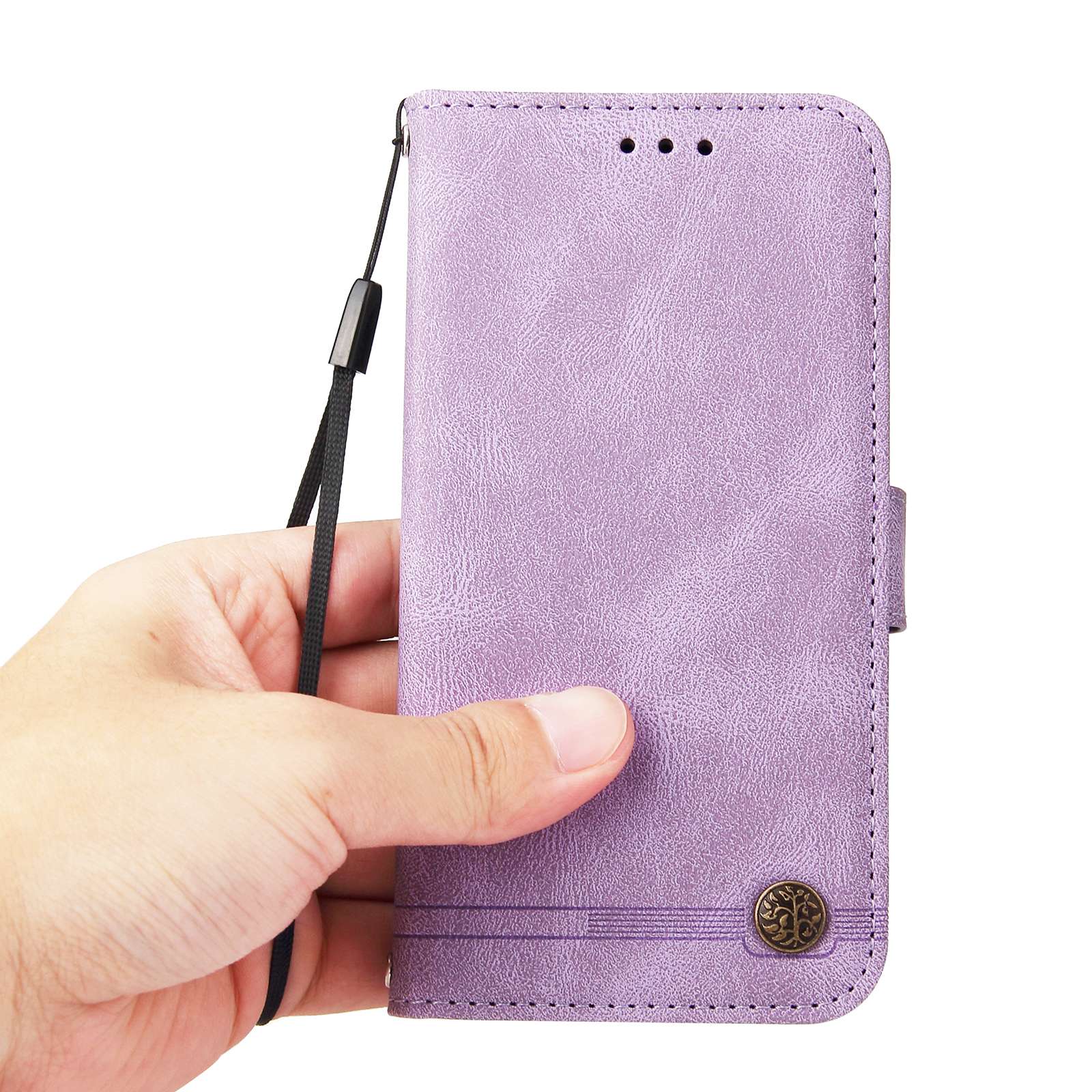 For vivo Y02s 4G / Y16 4G Lines Imprinted Skin-touch PU Leather Wallet Case Tree Pattern Metal Button Stand Flip Shockproof Cover with Strap - Purple