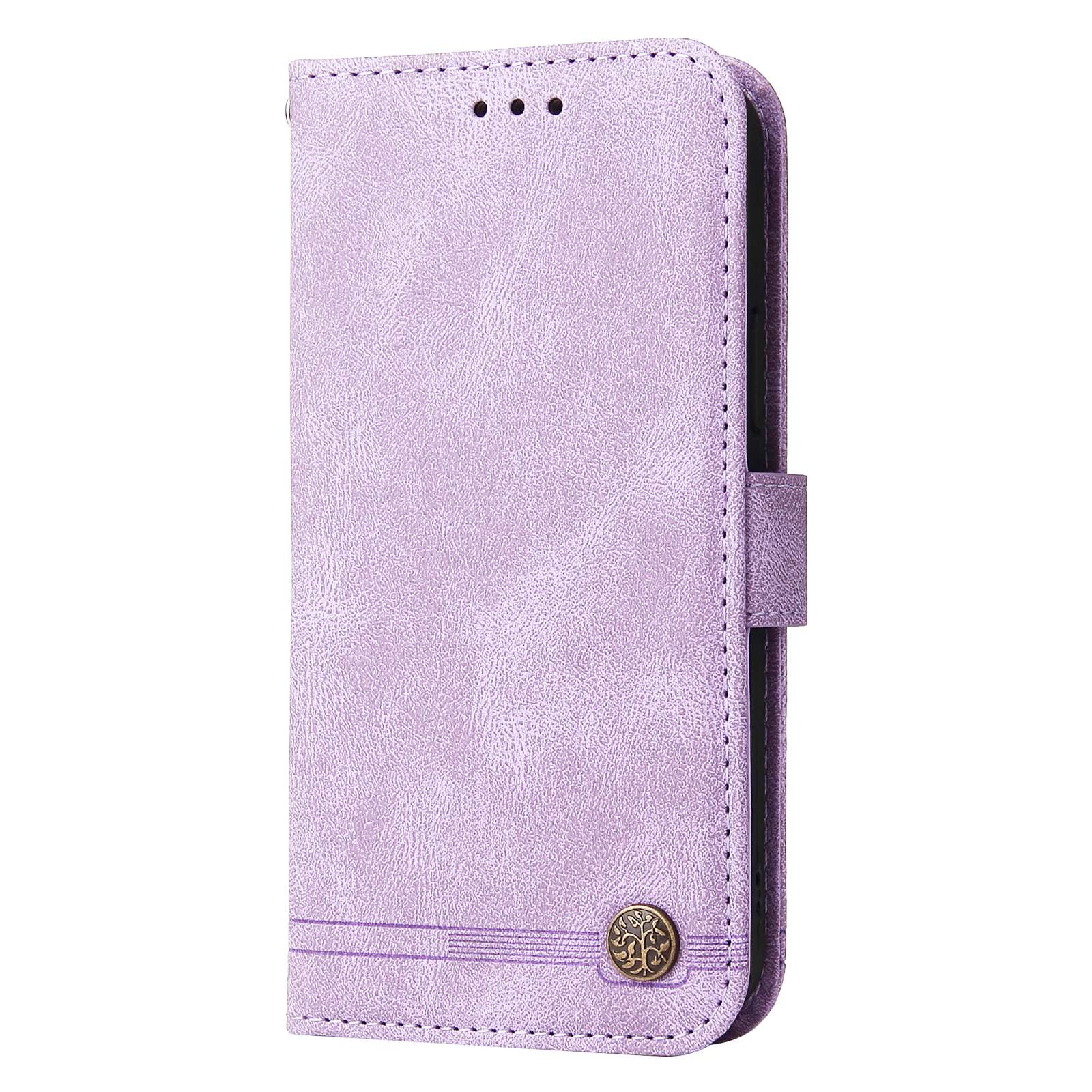 For vivo Y02s 4G / Y16 4G Lines Imprinted Skin-touch PU Leather Wallet Case Tree Pattern Metal Button Stand Flip Shockproof Cover with Strap - Purple