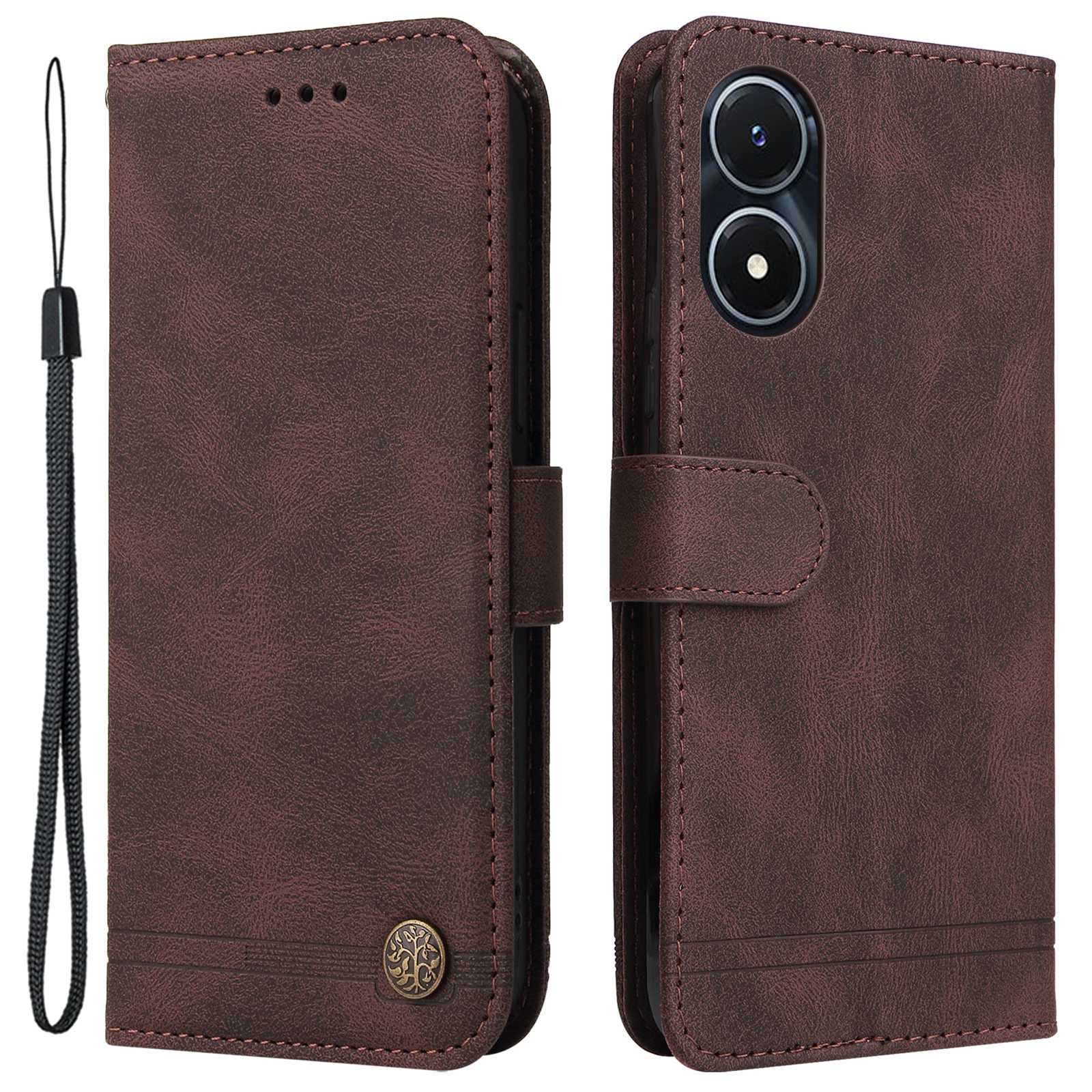 For vivo Y02s 4G / Y16 4G Lines Imprinted Skin-touch PU Leather Wallet Case Tree Pattern Metal Button Stand Flip Shockproof Cover with Strap - Brown