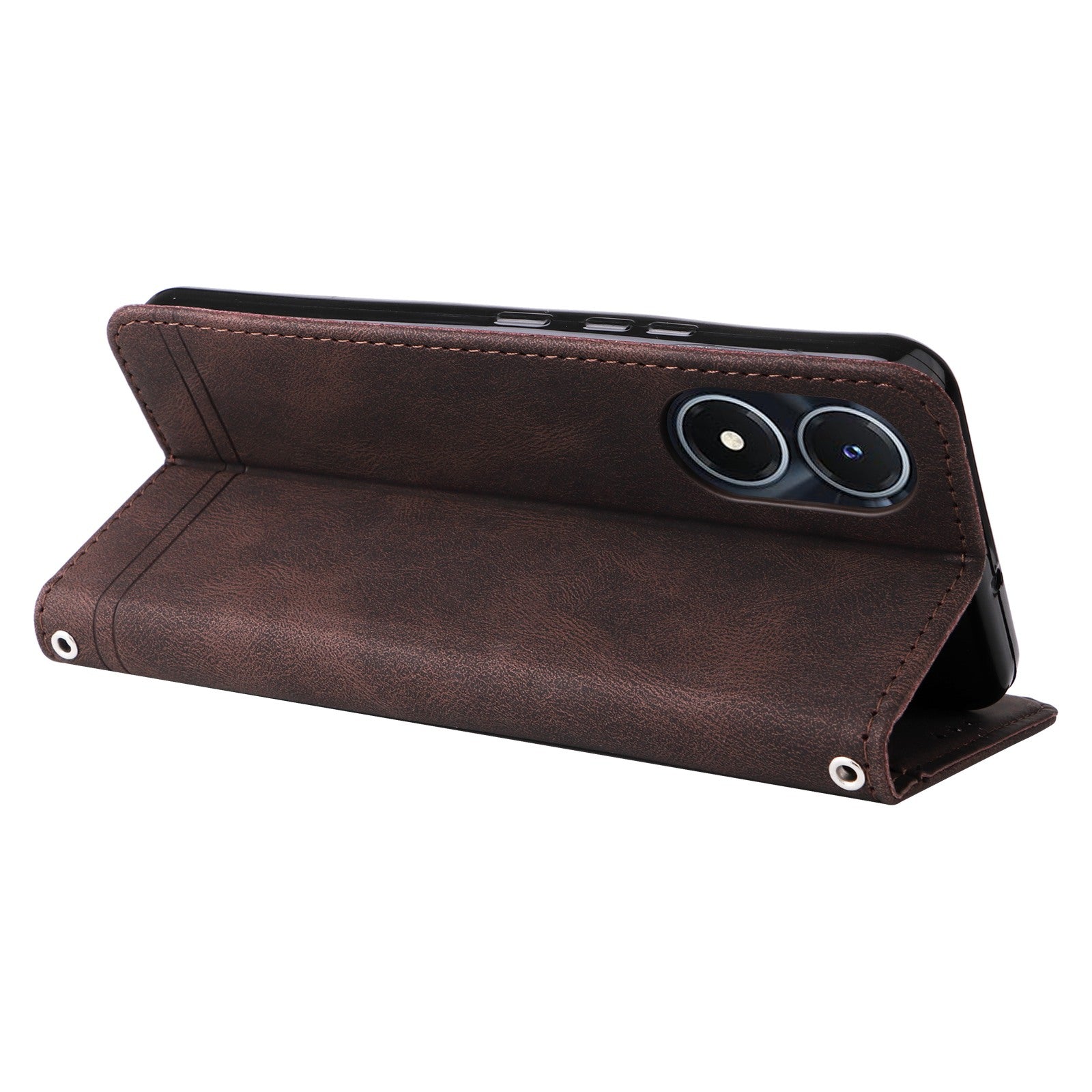 For vivo Y02s 4G / Y16 4G Lines Imprinted Skin-touch PU Leather Wallet Case Tree Pattern Metal Button Stand Flip Shockproof Cover with Strap - Brown