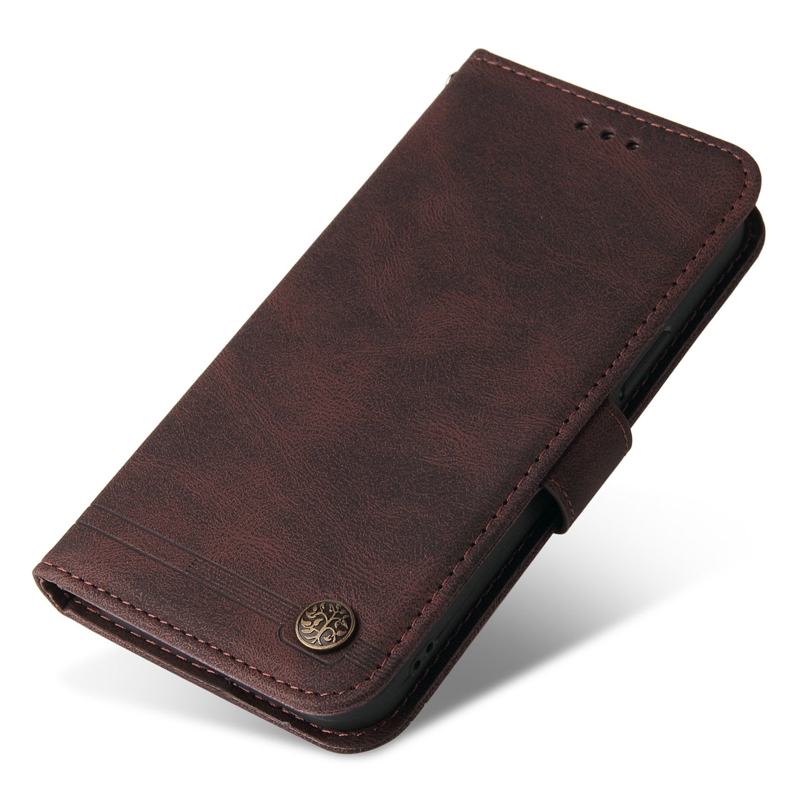 For vivo Y02s 4G / Y16 4G Lines Imprinted Skin-touch PU Leather Wallet Case Tree Pattern Metal Button Stand Flip Shockproof Cover with Strap - Brown