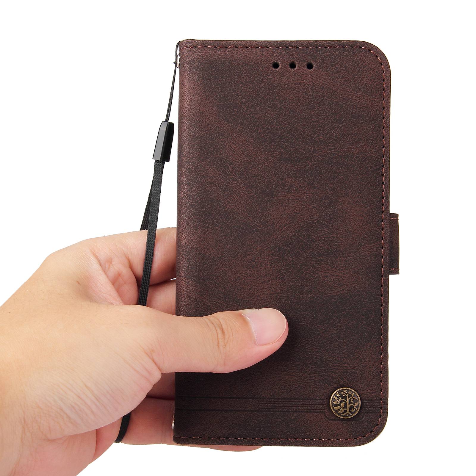 For vivo Y02s 4G / Y16 4G Lines Imprinted Skin-touch PU Leather Wallet Case Tree Pattern Metal Button Stand Flip Shockproof Cover with Strap - Brown