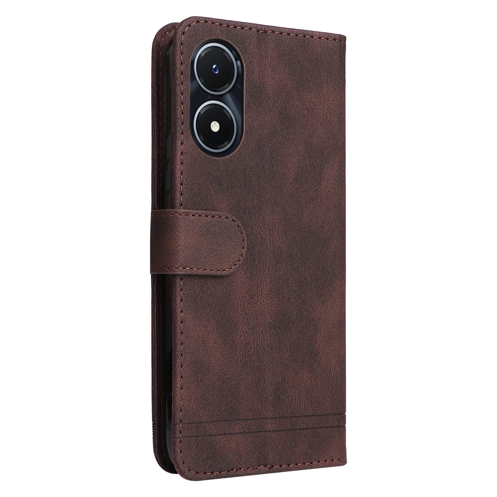 For vivo Y02s 4G / Y16 4G Lines Imprinted Skin-touch PU Leather Wallet Case Tree Pattern Metal Button Stand Flip Shockproof Cover with Strap - Brown