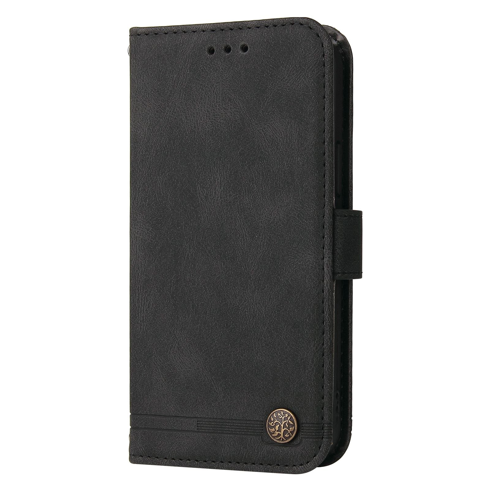 For vivo Y02s 4G / Y16 4G Lines Imprinted Skin-touch PU Leather Wallet Case Tree Pattern Metal Button Stand Flip Shockproof Cover with Strap - Black