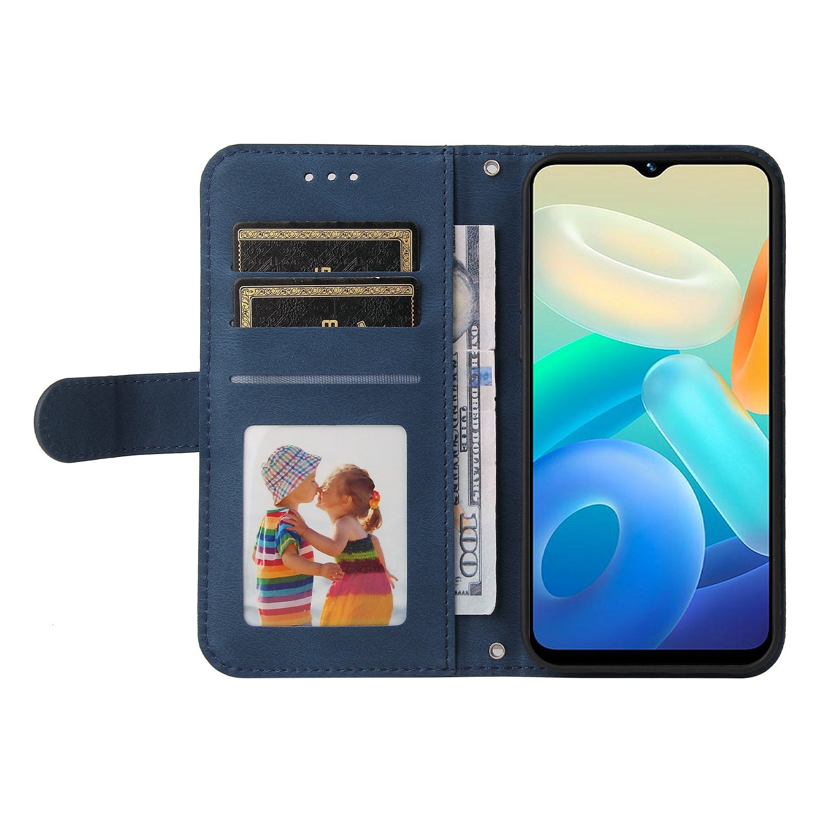 For vivo Y02s 4G / Y16 4G Lines Imprinted Skin-touch PU Leather Wallet Case Tree Pattern Metal Button Stand Flip Shockproof Cover with Strap - Blue