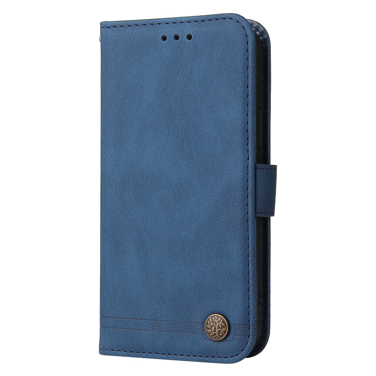 For vivo Y02s 4G / Y16 4G Lines Imprinted Skin-touch PU Leather Wallet Case Tree Pattern Metal Button Stand Flip Shockproof Cover with Strap - Blue